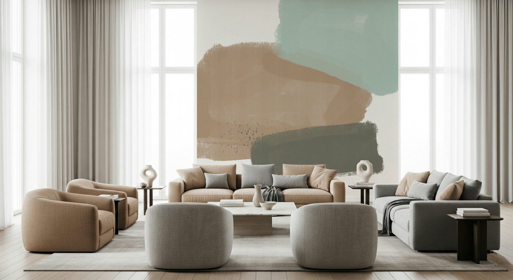 Abstract painterly wall mural in soft pastel tones.