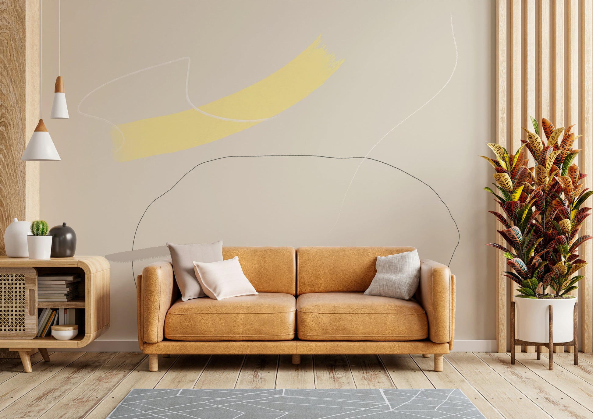 An artistic soft color mural on minimalist wallpaper.

