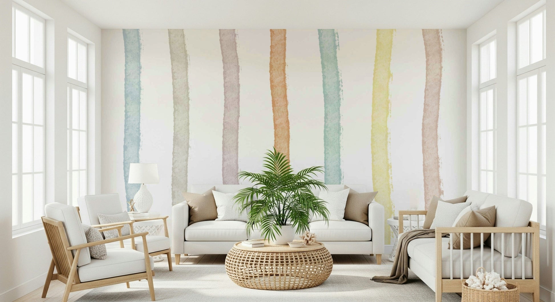 A peaceful modern abstract mural on decorative wallpaper.