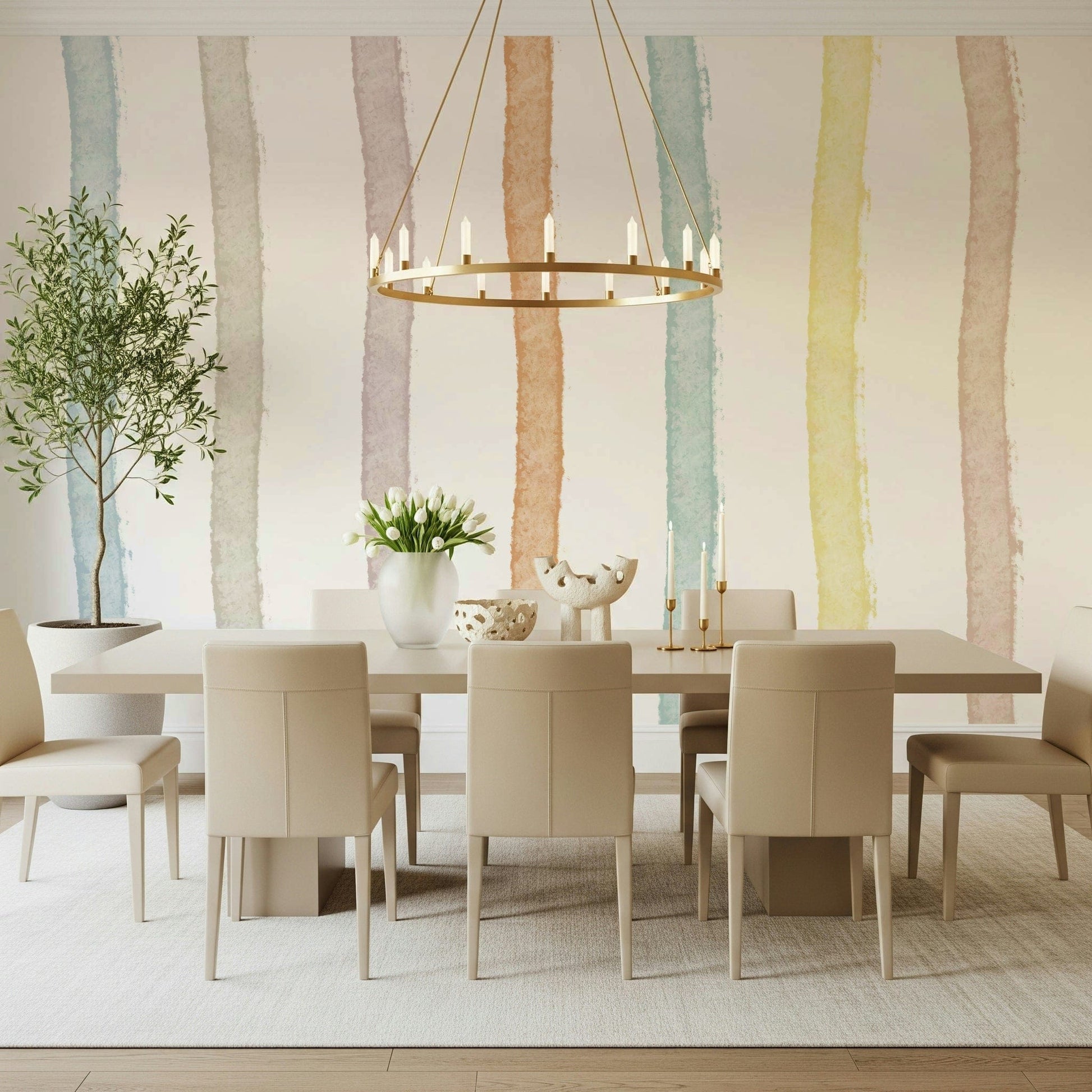 A graceful subtle stroke wall mural in soft, pastel tones.