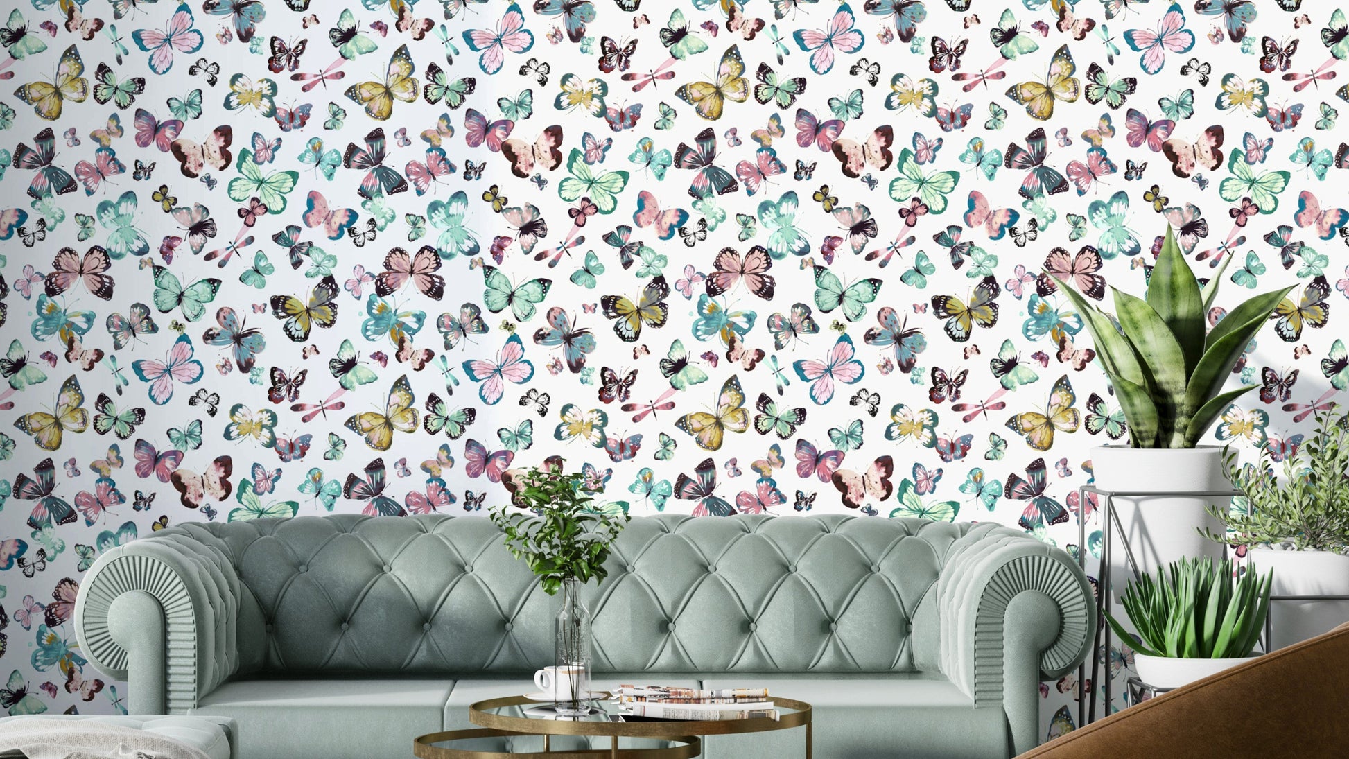 Flying butterflies wallpaper in green and pink pastels


