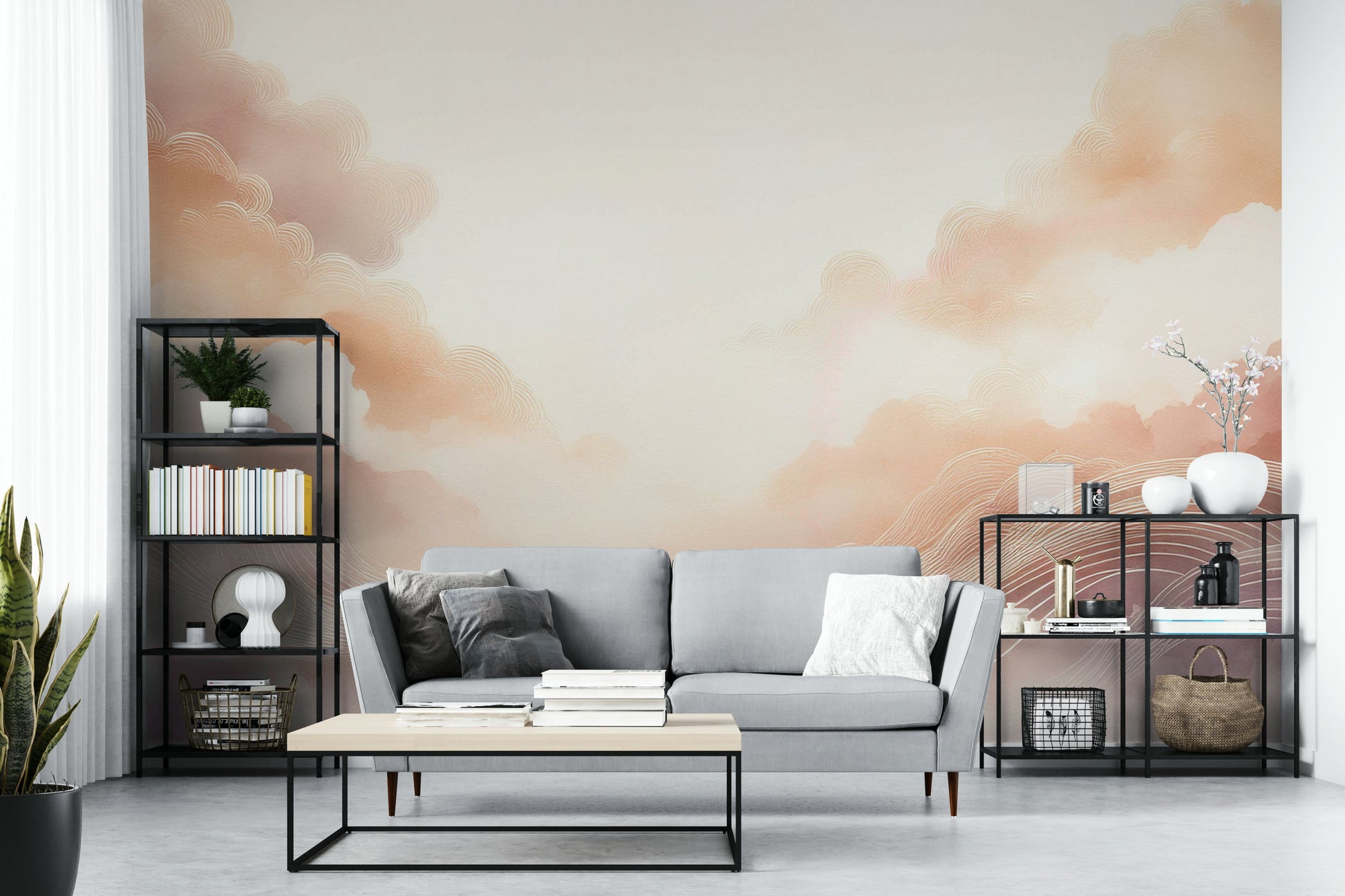 Whimsical sky wall decor for a kids' playroom with light wood accents.