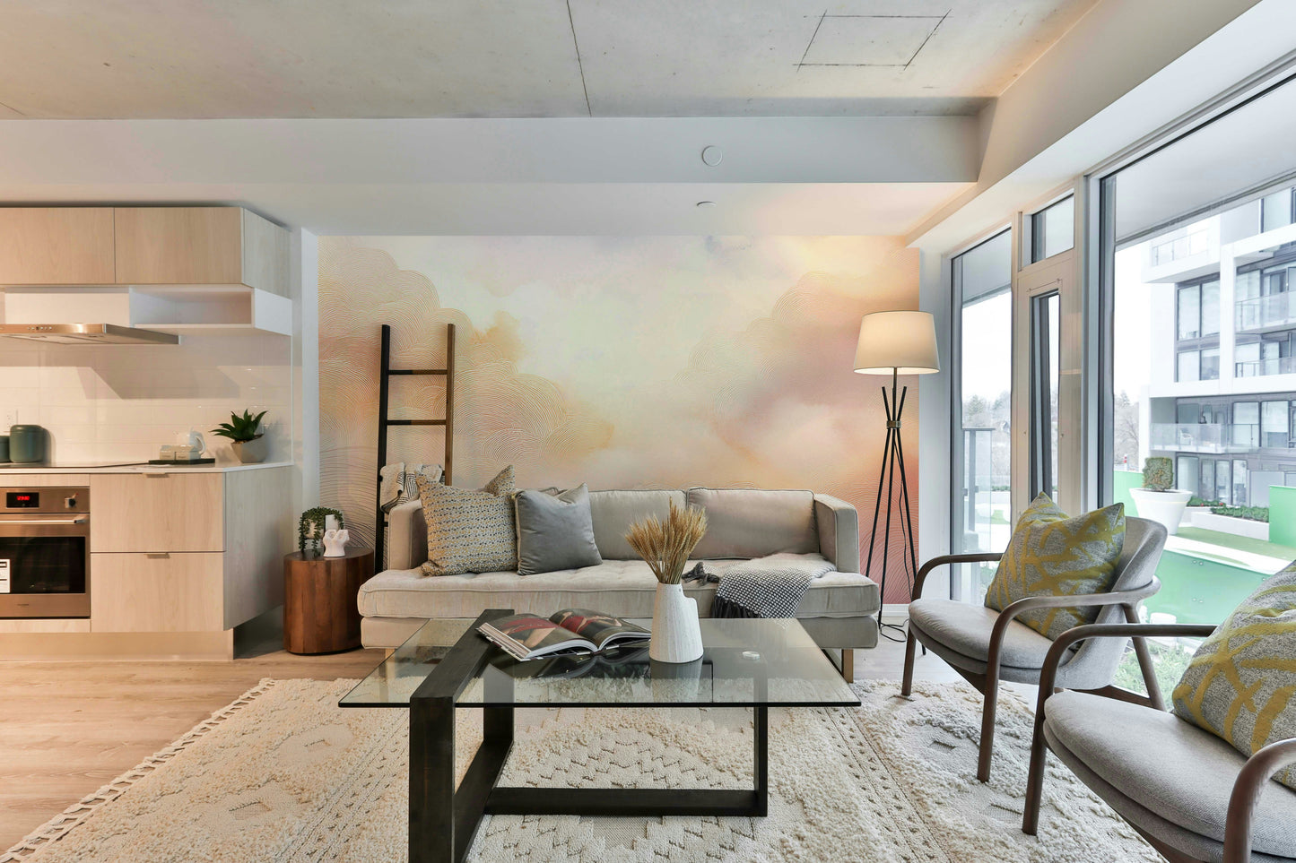 Dreamy sky wall decor for a minimalist master bedroom apartment.