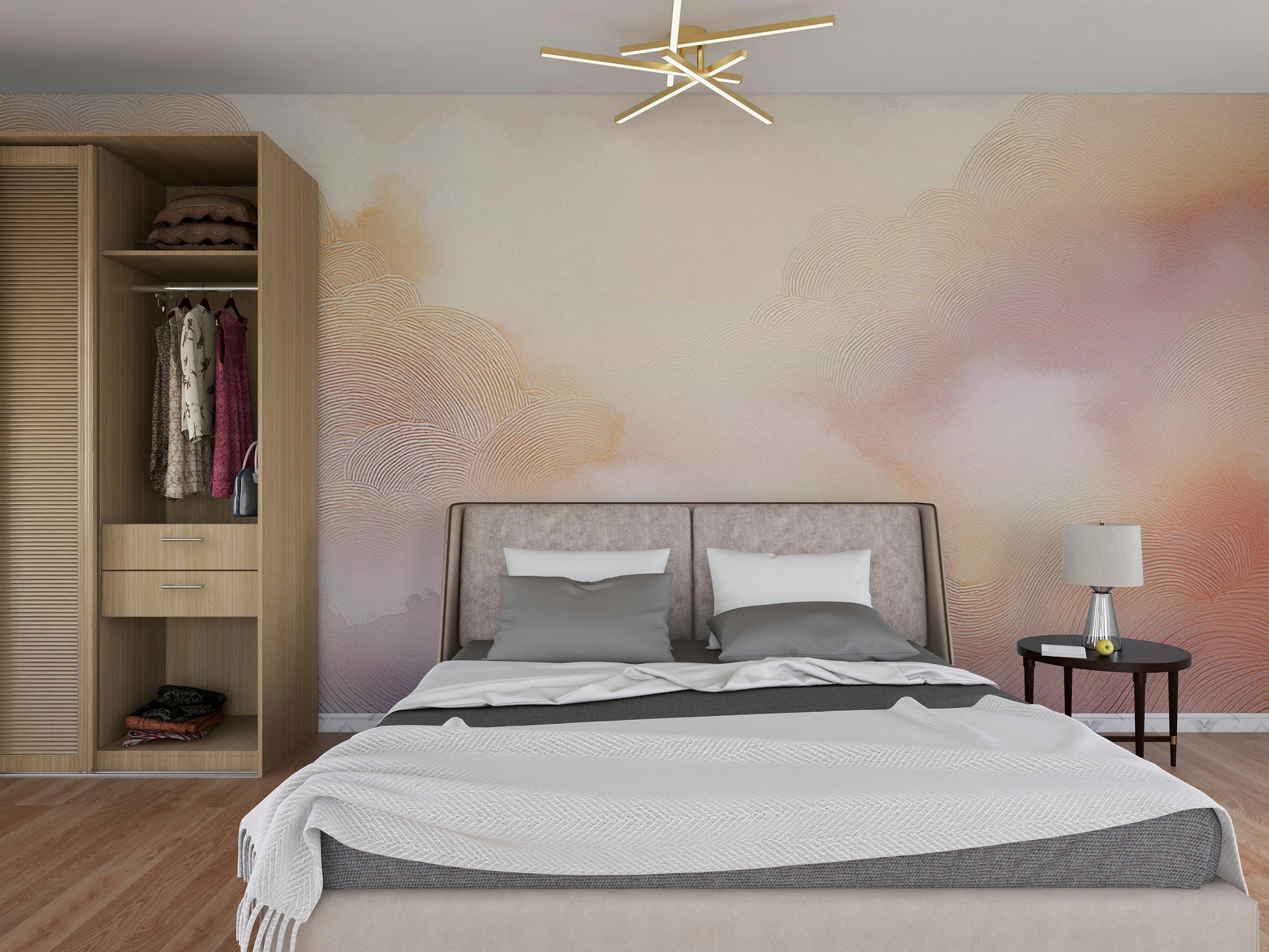 Pastel Cloud Dreamscape Wall Mural installed as a calming feature wall in a guest suite.