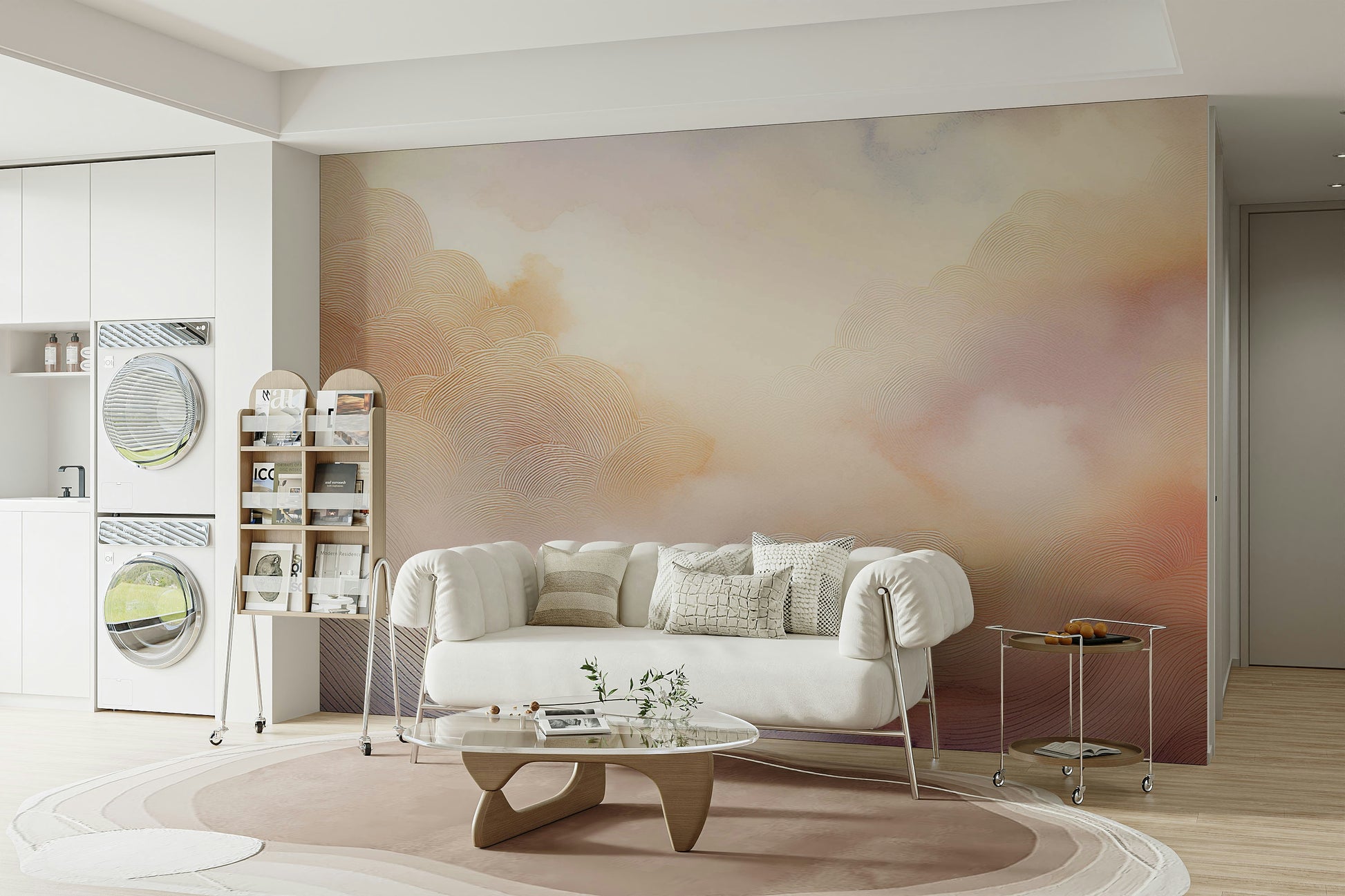 Modern nursery featuring ethereal cloud wall decor with gold accents.