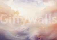 Whimsical sky scene wallpaper for a kids' playroom with colorful toys.
