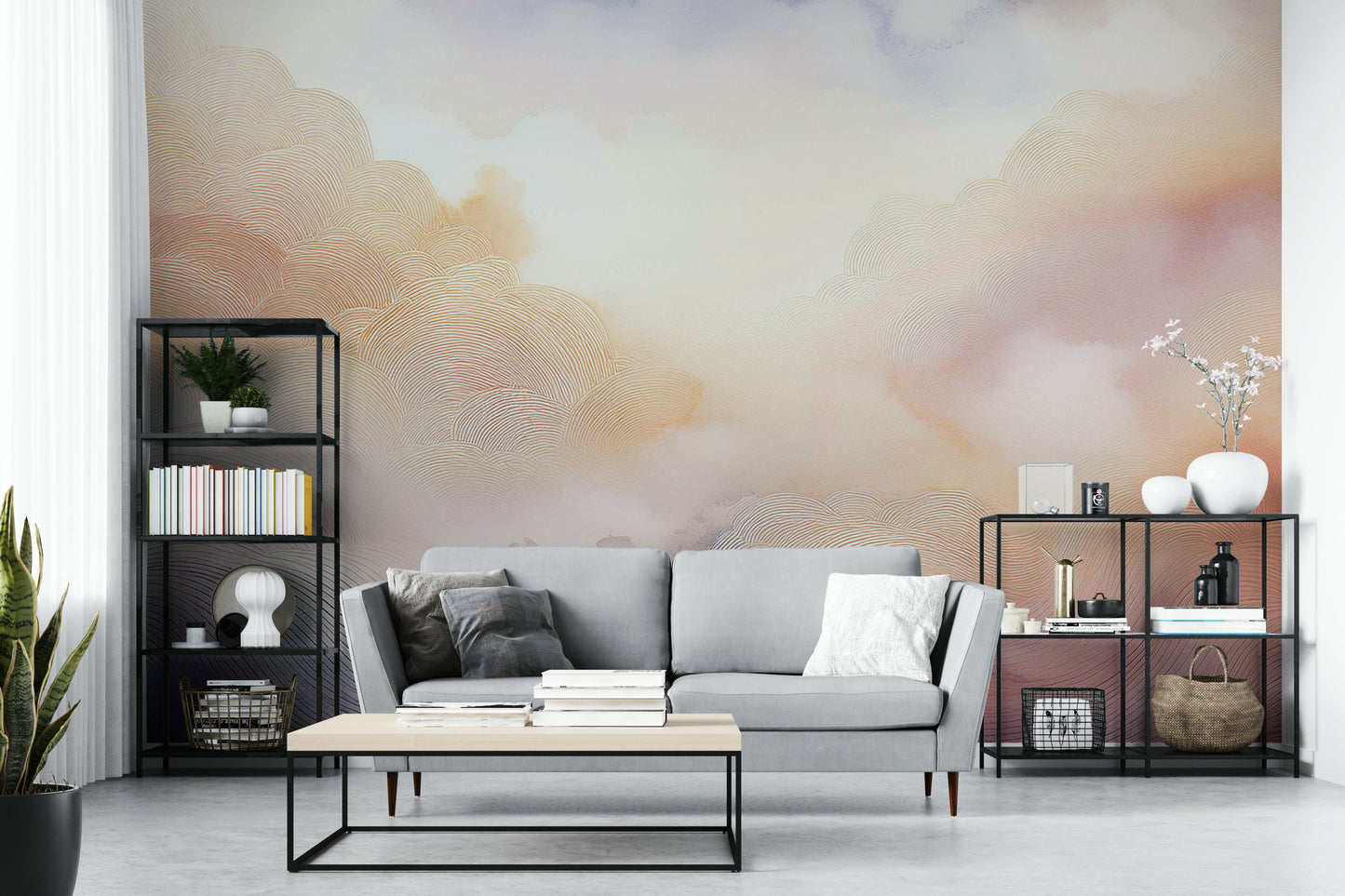 Ethereal cloud pattern for a relaxing bedroom wall decor style.