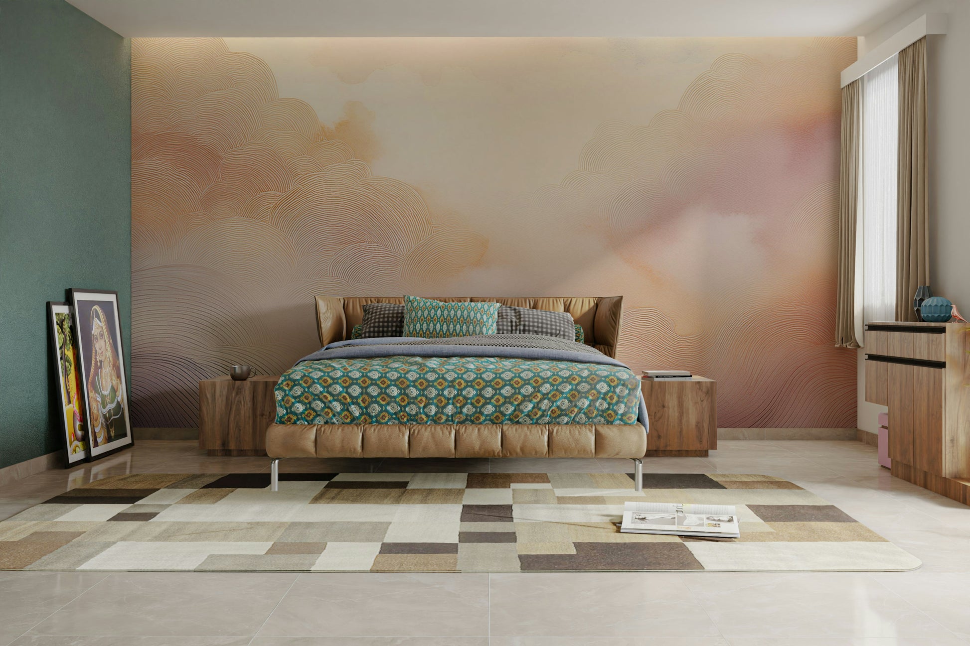 Airy apartment interior with sky blue mural and modern furniture.