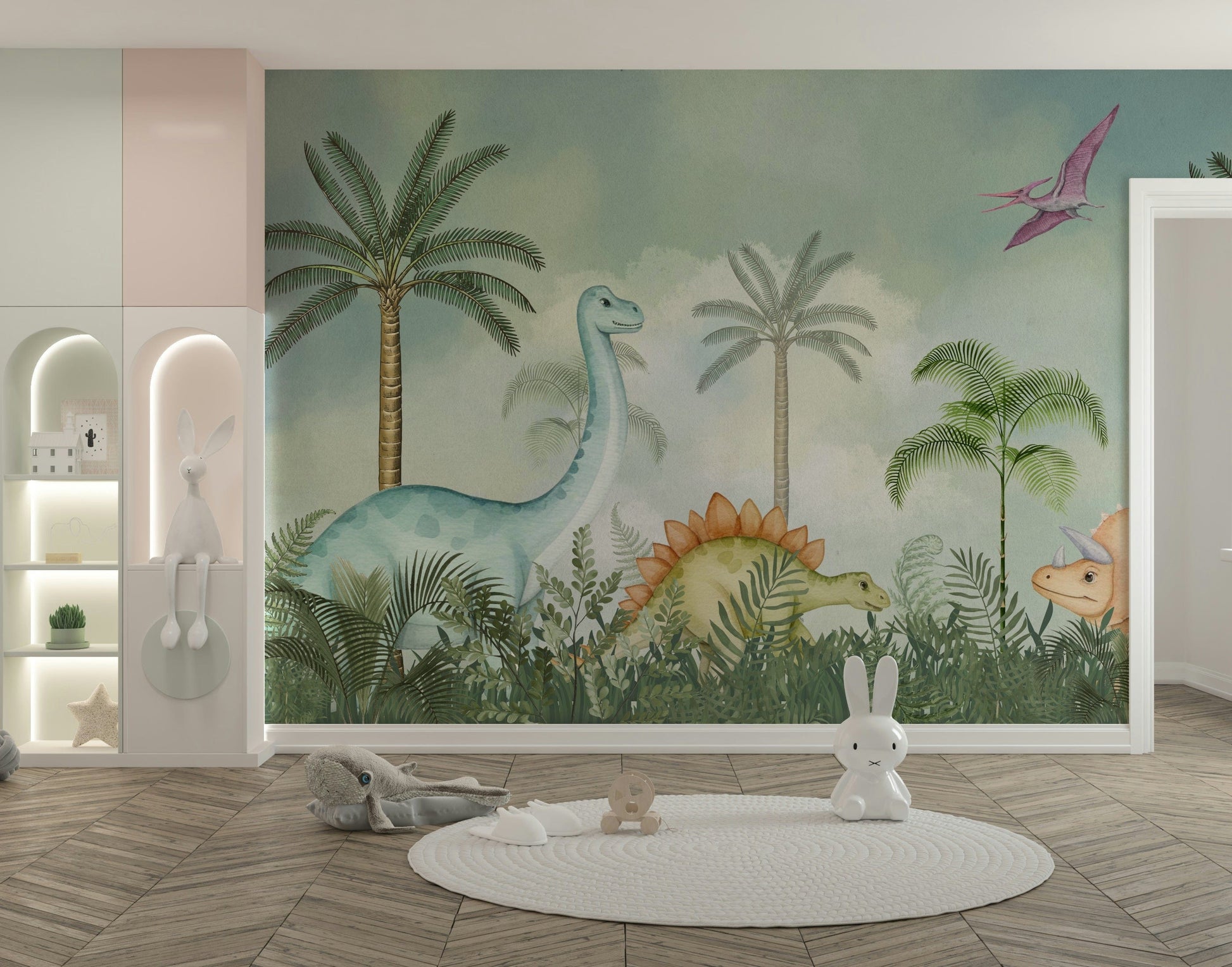 Wall decor showing a tranquil prehistoric view


