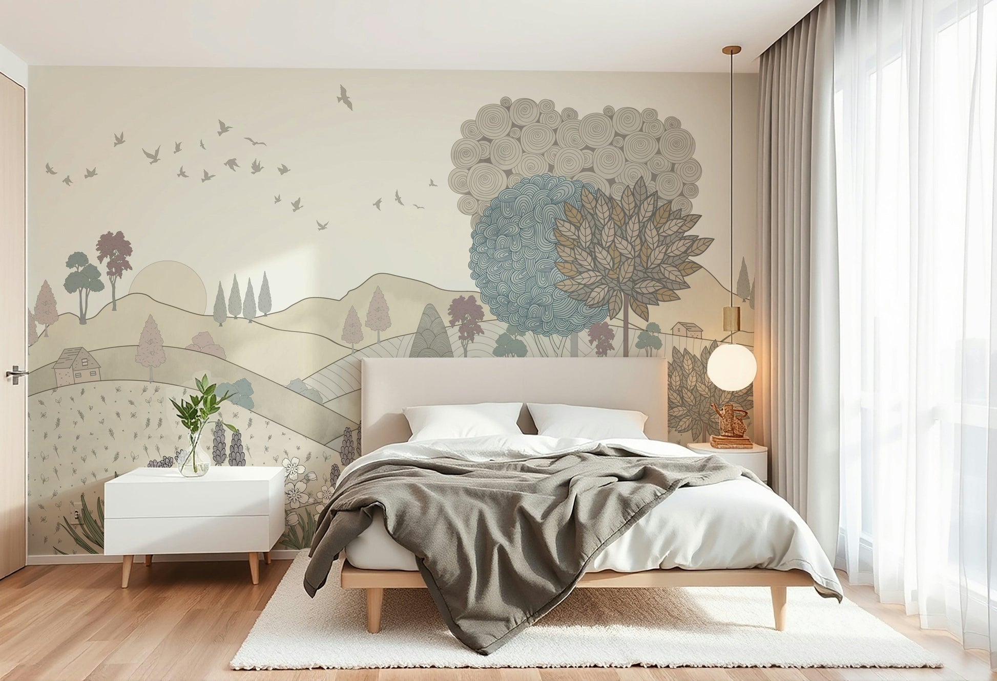 A peaceful wall mural with a drawn or illustrated landscape scene.

