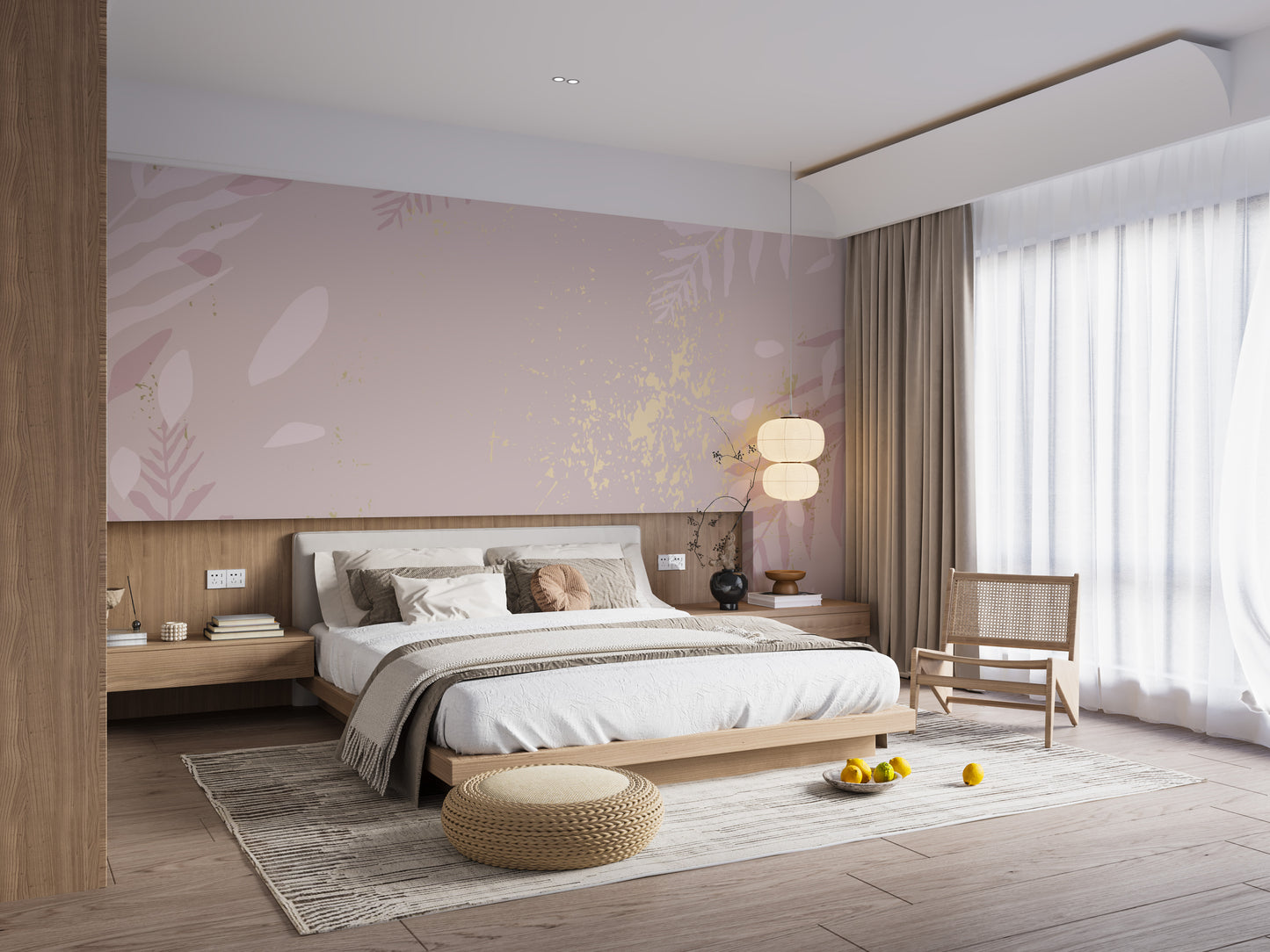 Dusty pink wallpaper mural with soft botanical designs.
