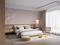 Dusty pink wallpaper mural with soft botanical designs.