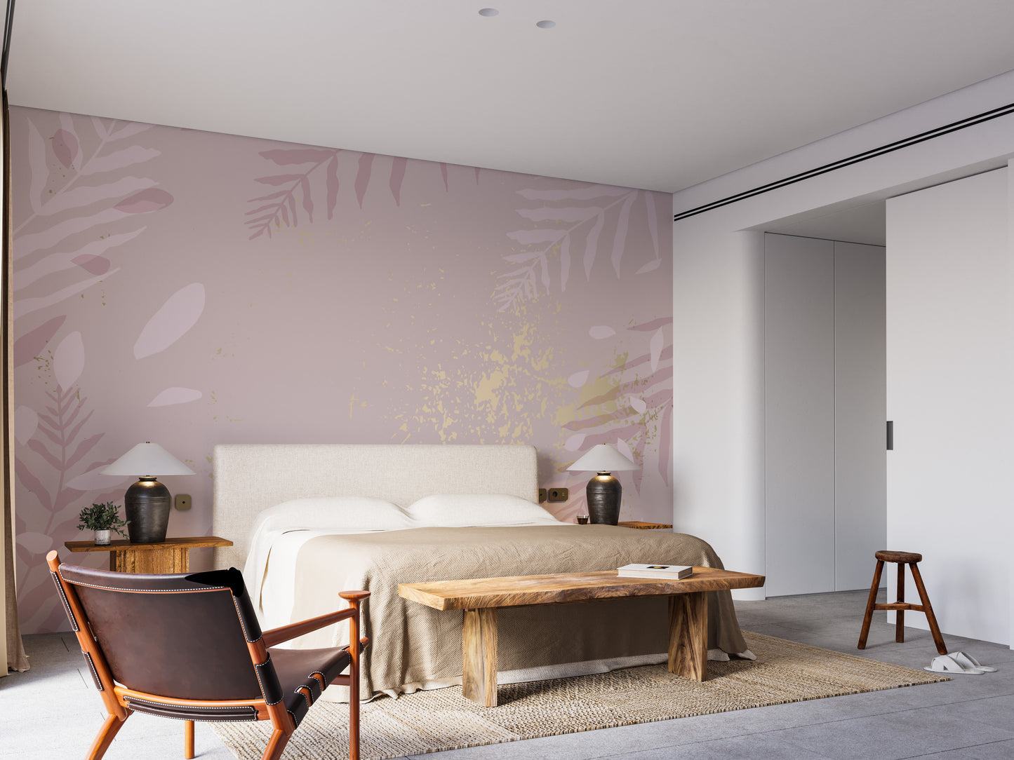 Modern gold and pink floral mural with a chic vibe.