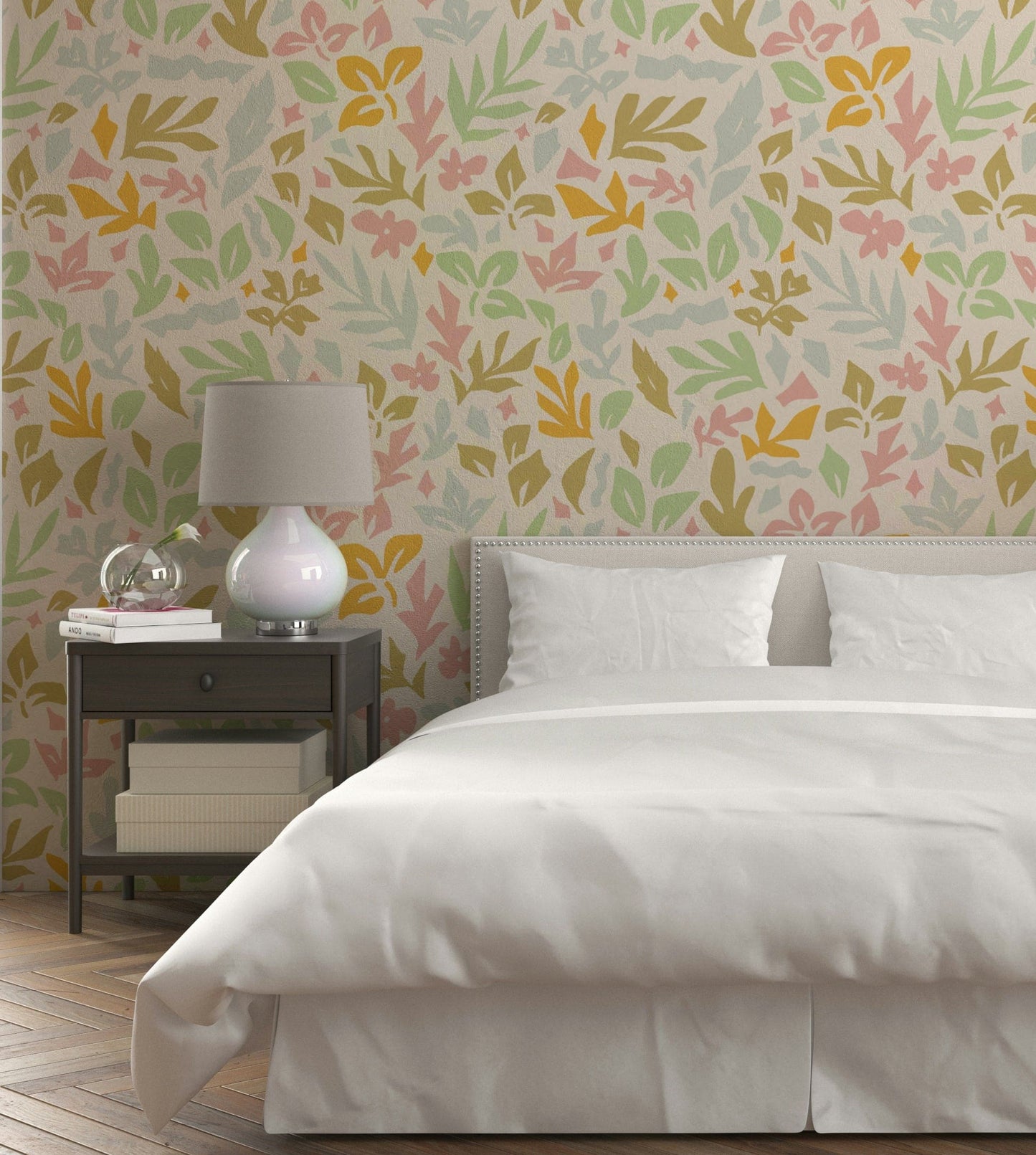 A full-wall mural showing a pattern of abstract shapes.
