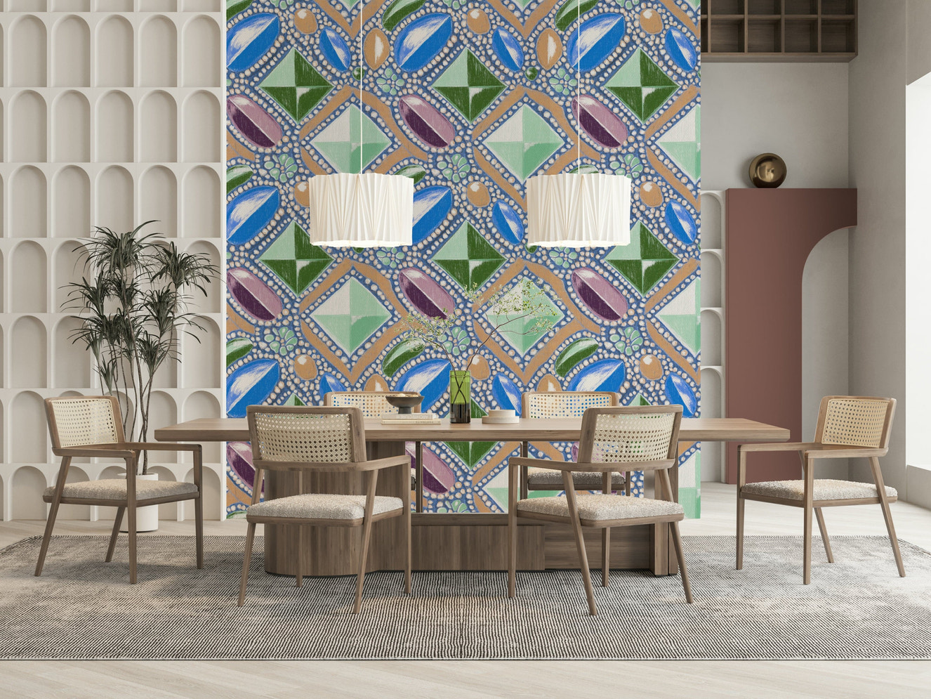 Pastel Blue Gemstone Wall Mural – Decorative mural showcasing faceted gemstone shapes in soothing blue tones.