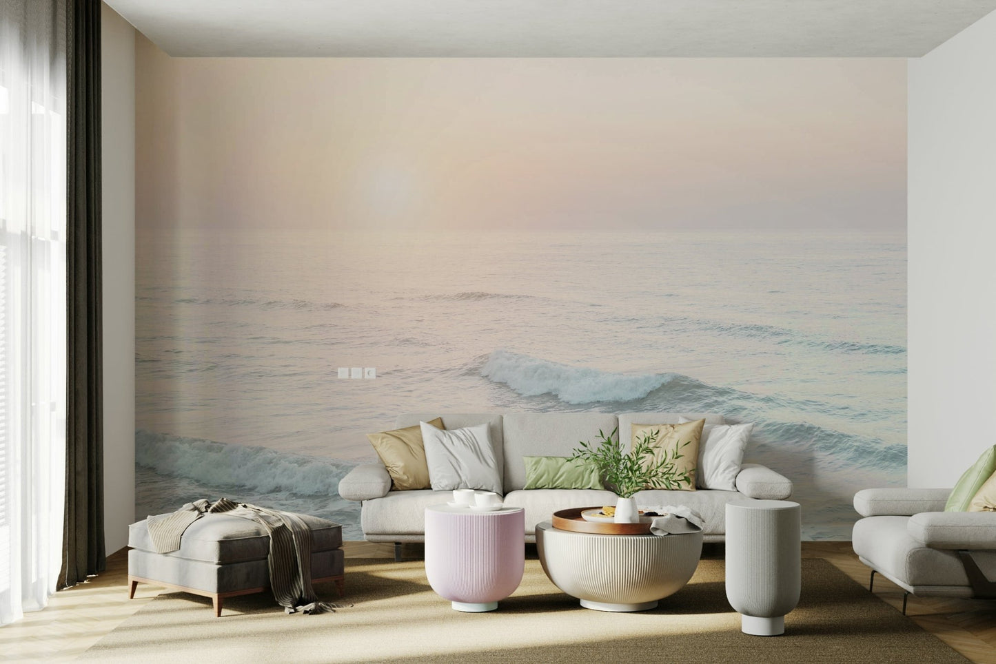 Soft pastel ocean mural for a tranquil living space.

