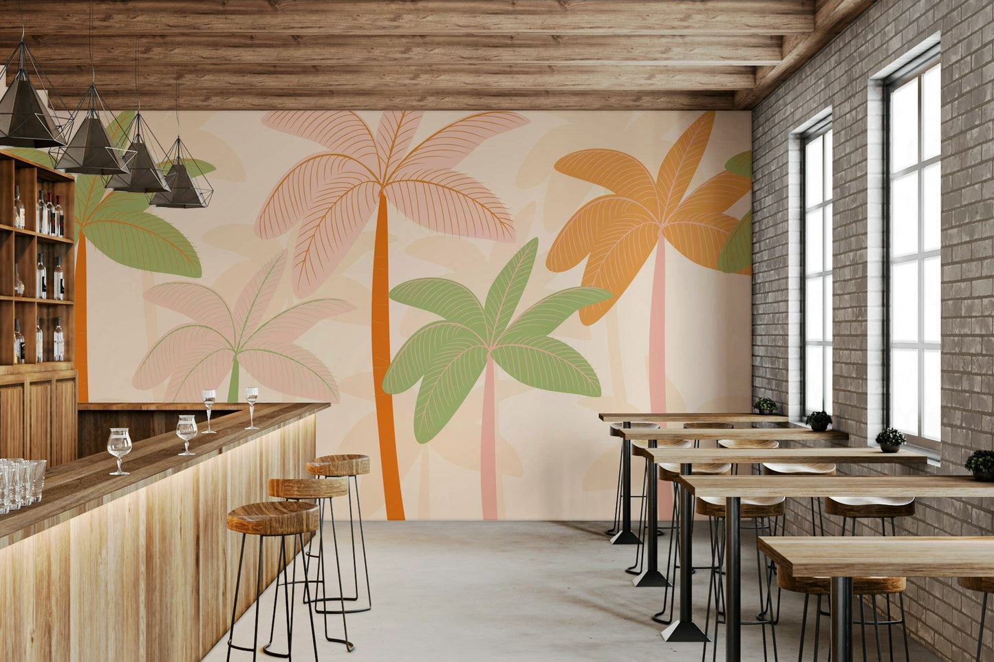 The design features soft, detailed palm leaves and tropical foliage.

