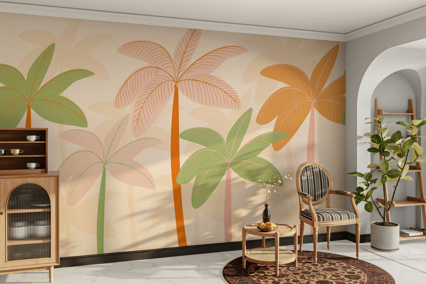 A peaceful wall mural with a tropical scene.

