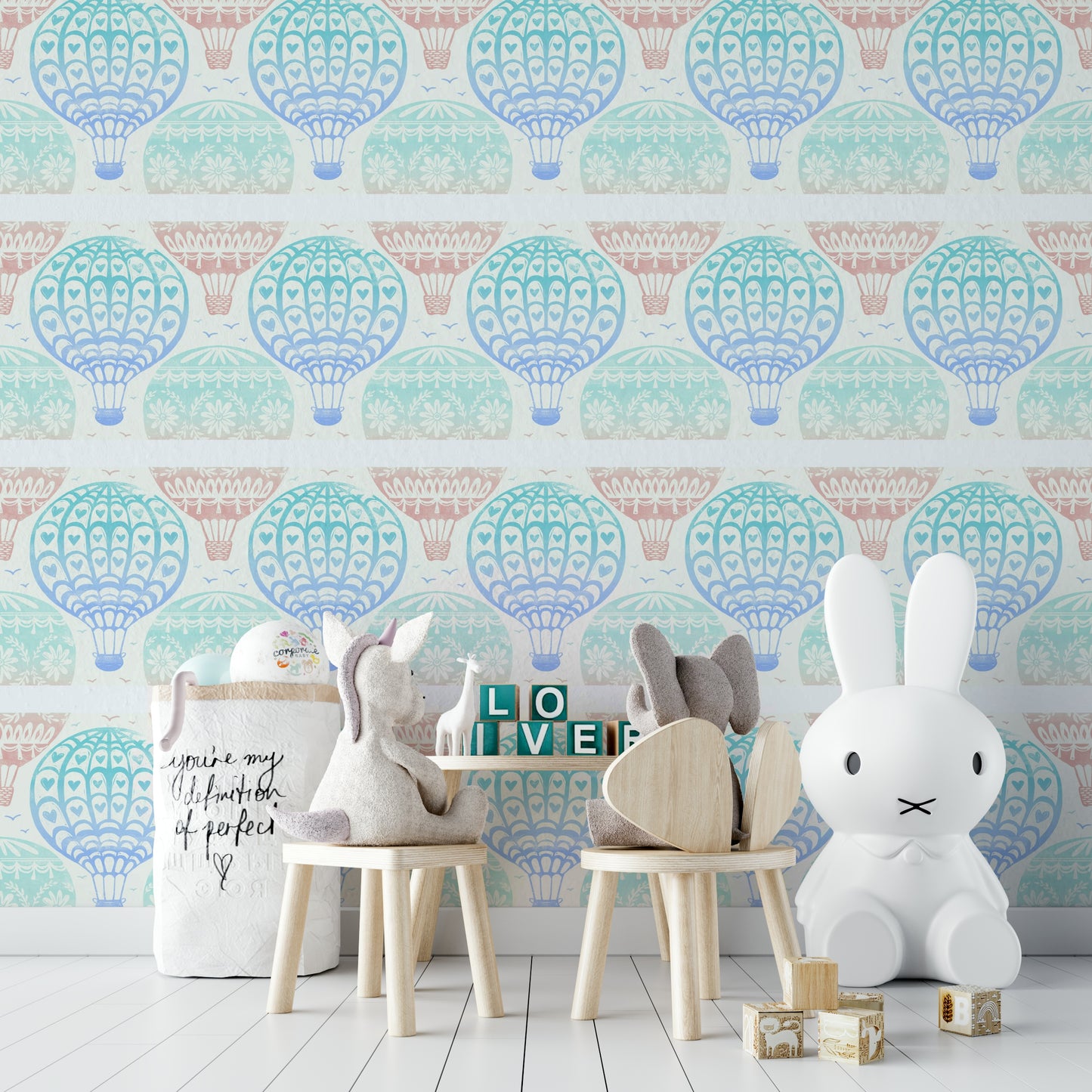 Dreamy balloon sky wallpaper for nursery

