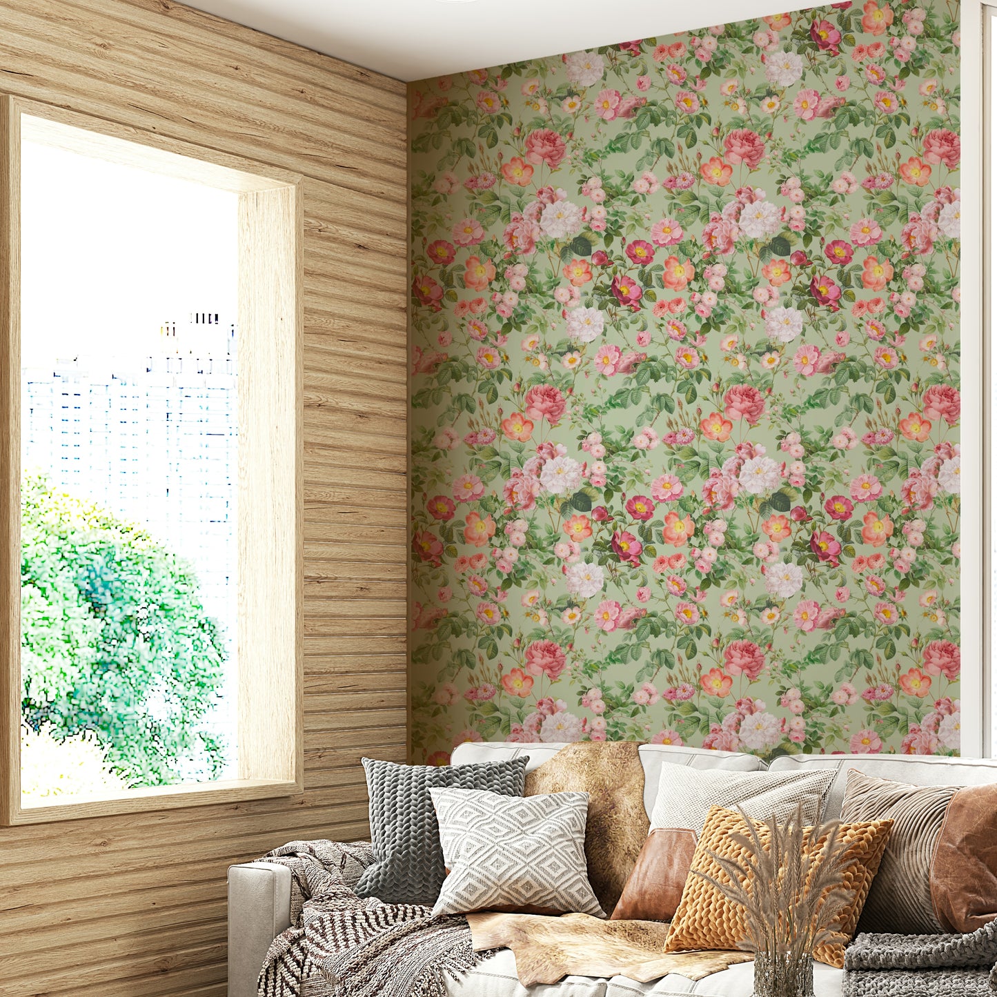 Pastel floral wallpaper bringing a serene, dreamy vibe to your space.

