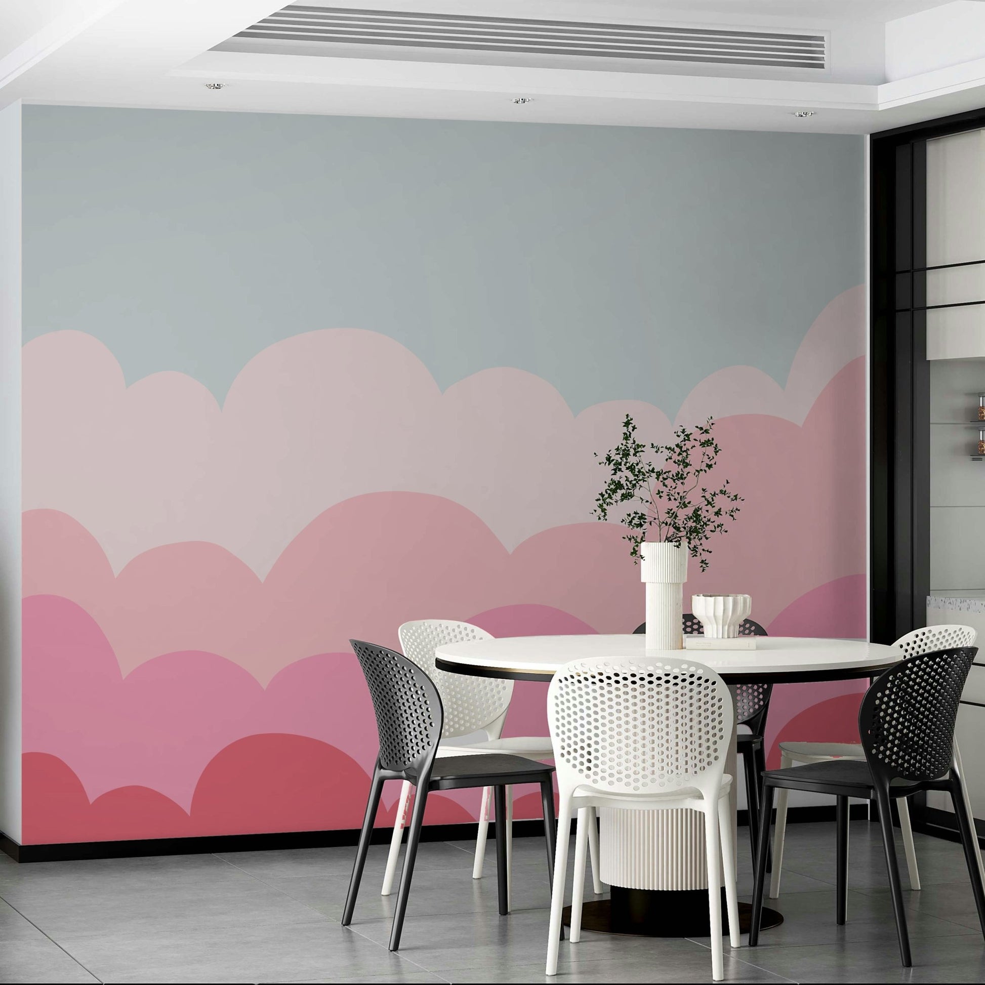 Peaceful pastel pink sunrise mural for relaxing spaces.

