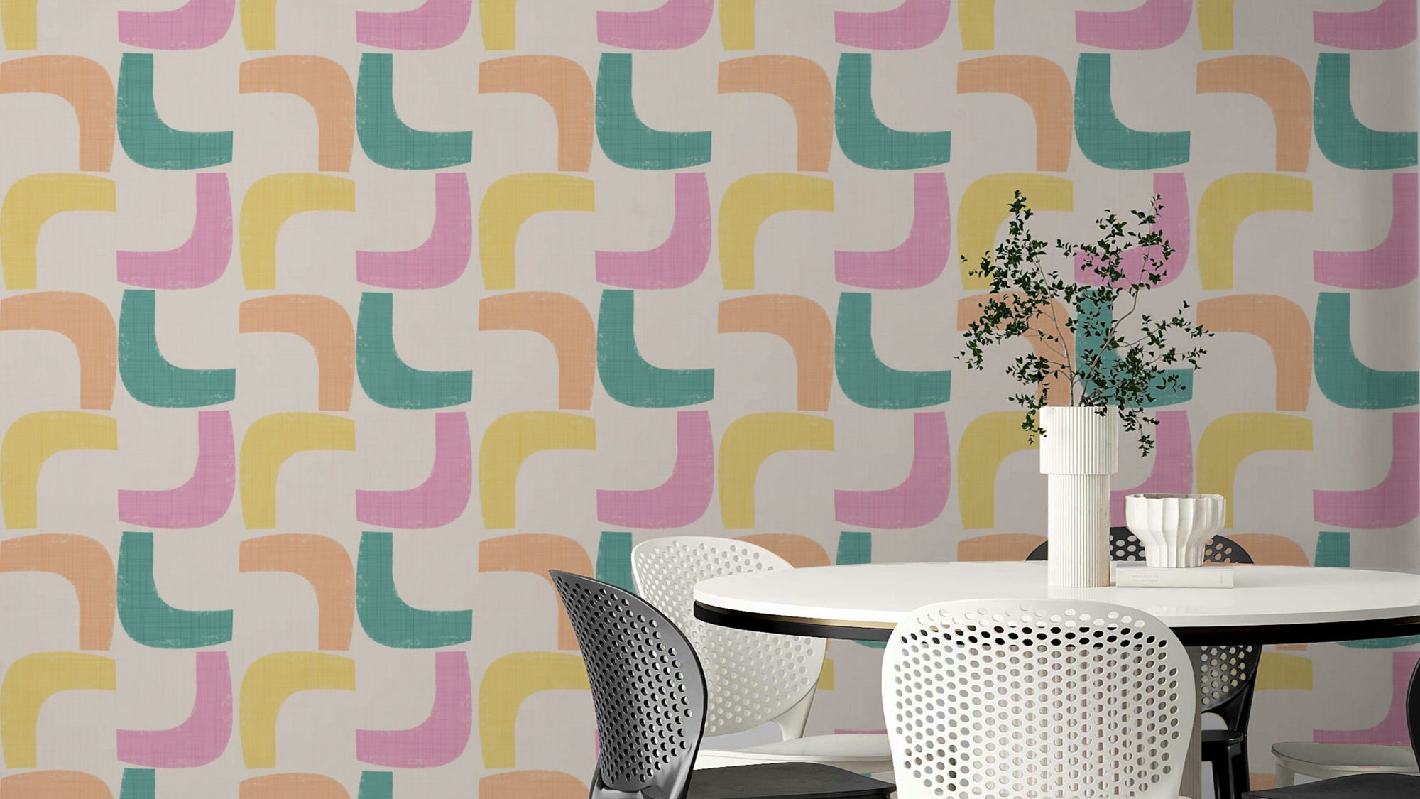 Pastel Retro Boomerang Mid Century Modern Wallpaper with playful boomerang shapes.

