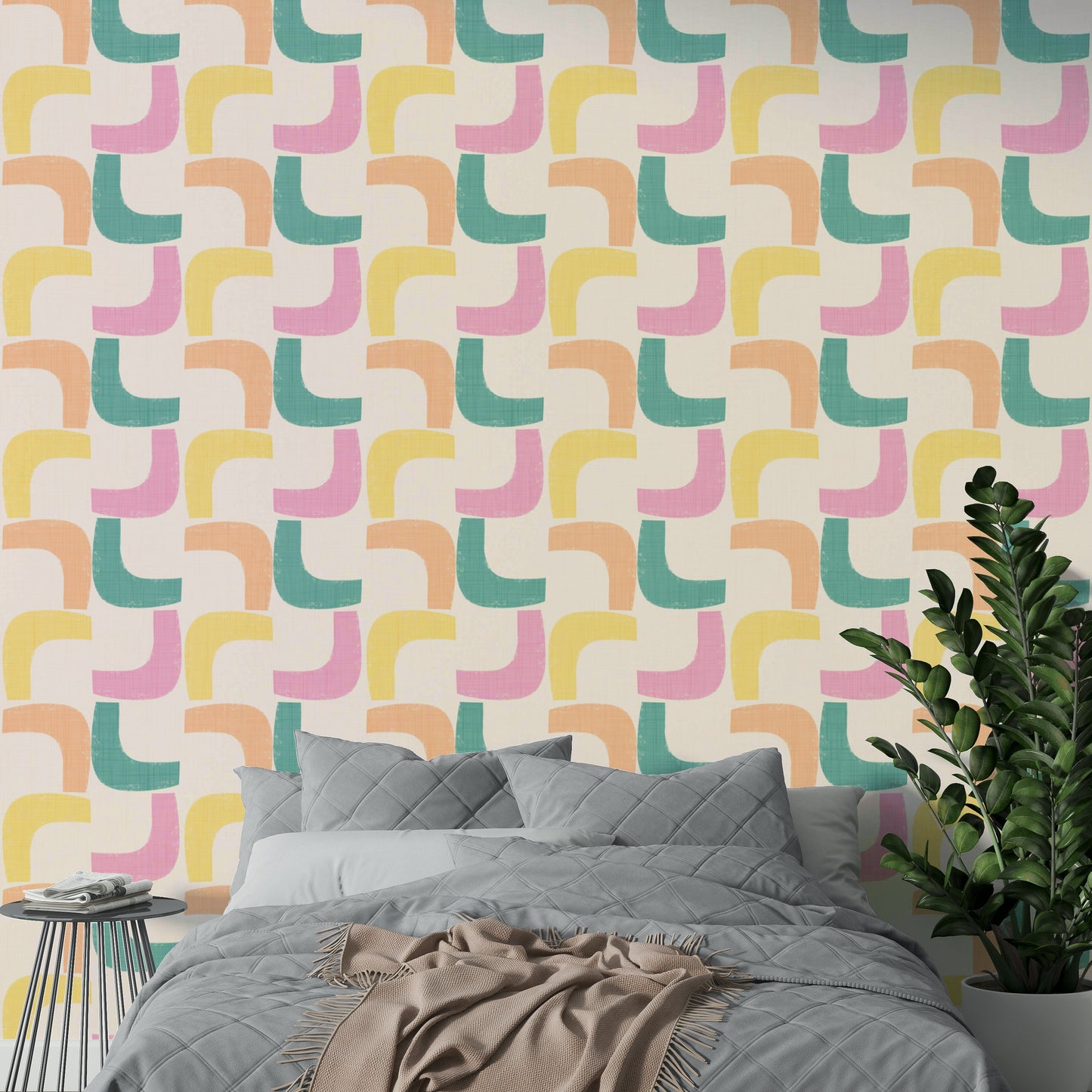 Wallpaper with vibrant pastel boomerang patterns for a retro look.


