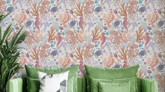 Pastel sea creatures wallpaper for cabins

