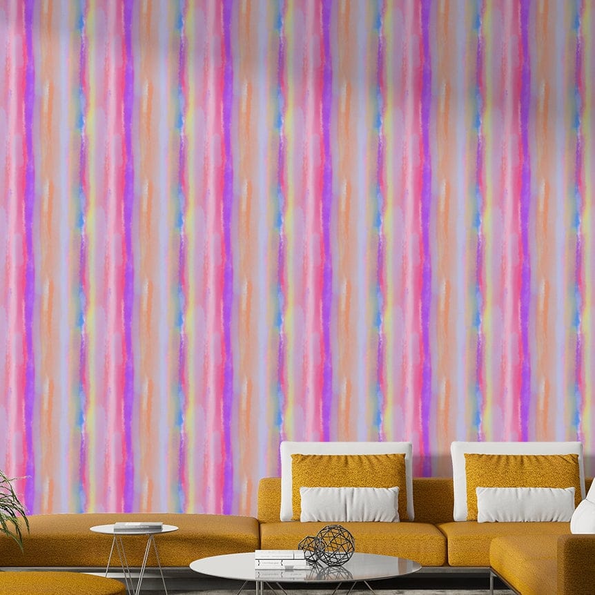 An artistic vertical line mural on bright wallpaper.

