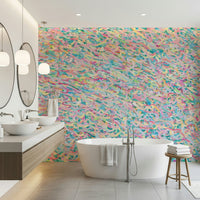A peaceful modern abstract mural on decorative wallpaper.