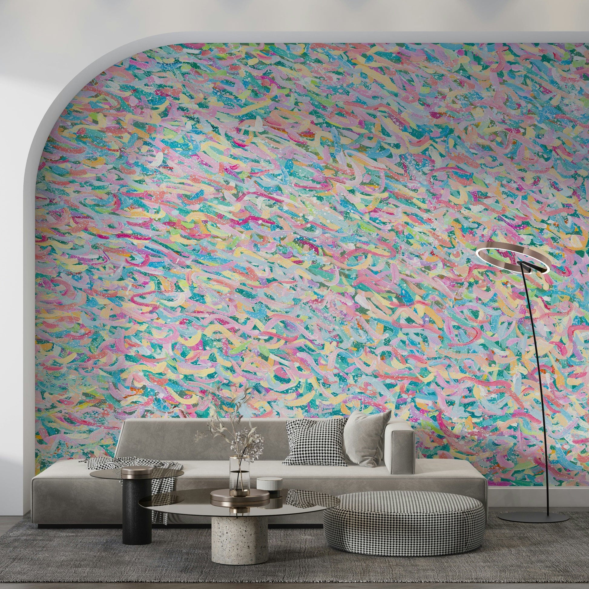 A graceful subtle pattern wall mural in soft, pastel tones.