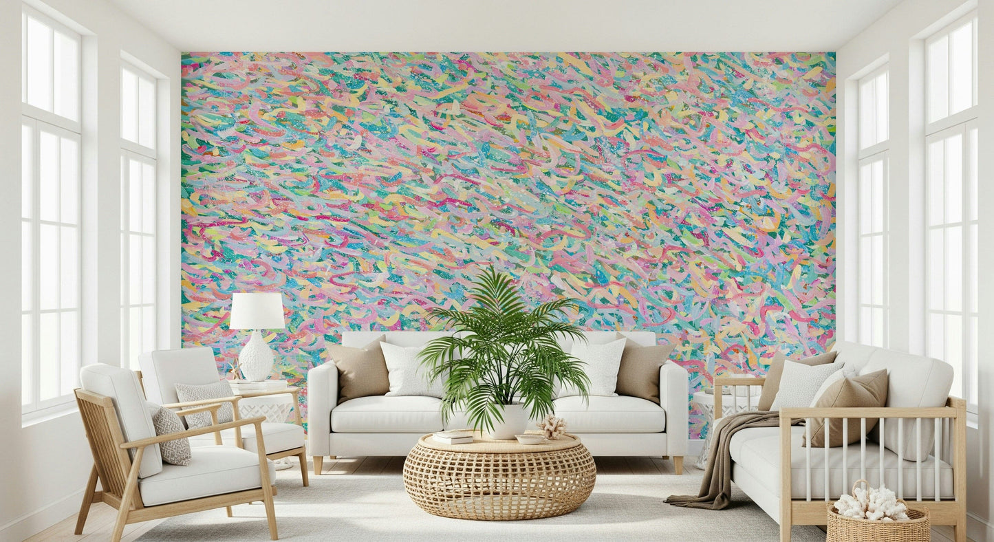 A beautiful pastel abstract wallpaper mural with swirling, soft shapes.
