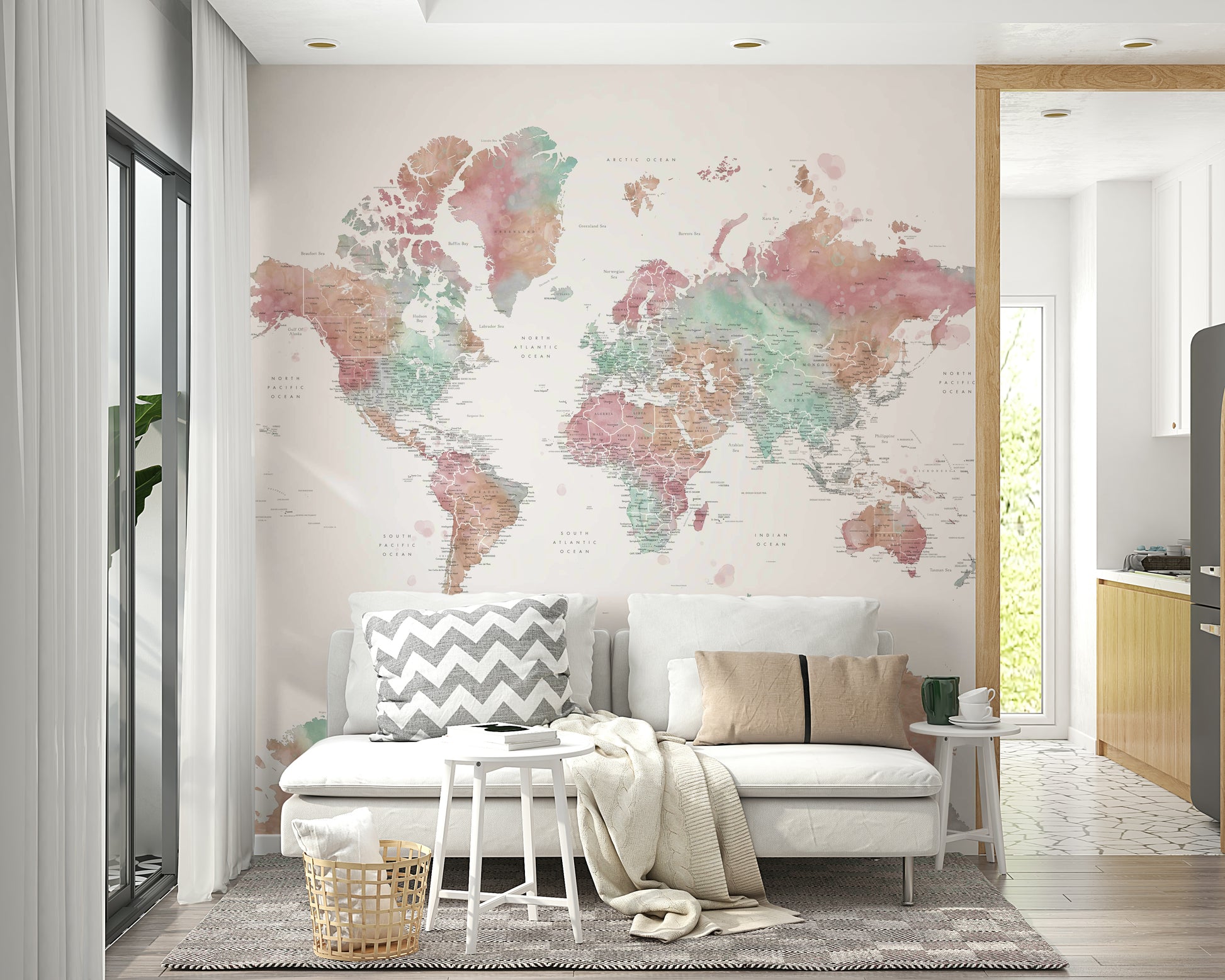 Soft pastel world map mural with watercolor texture


