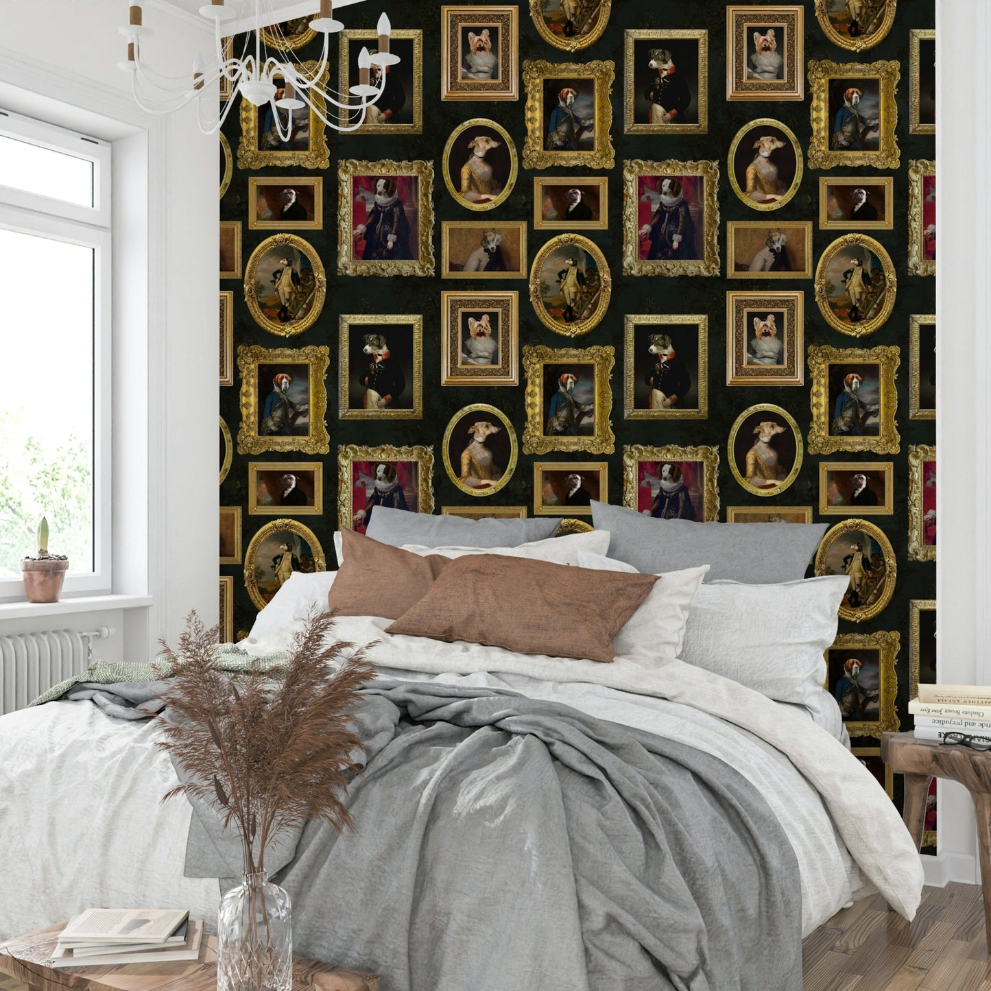 Wallpaper with a mix of neutral and accent colors.

