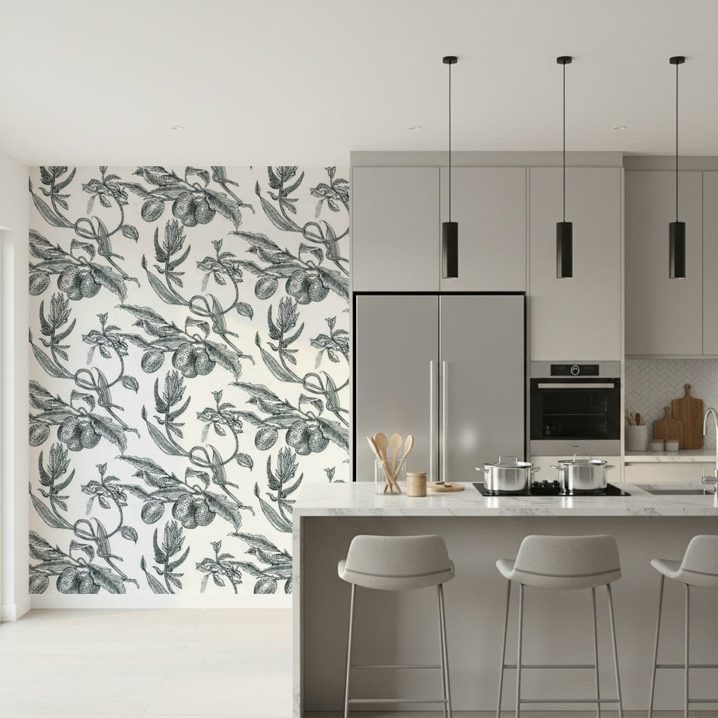 Pe de Maracuja wallpaper mural with black-and-white passion fruit botanical sketch in a gray modern kitchen with island