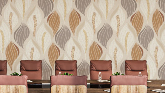Elegant Peace Lily wallpaper with beige and brown leaf-wave pattern behind brown leather chairs in a meeting room