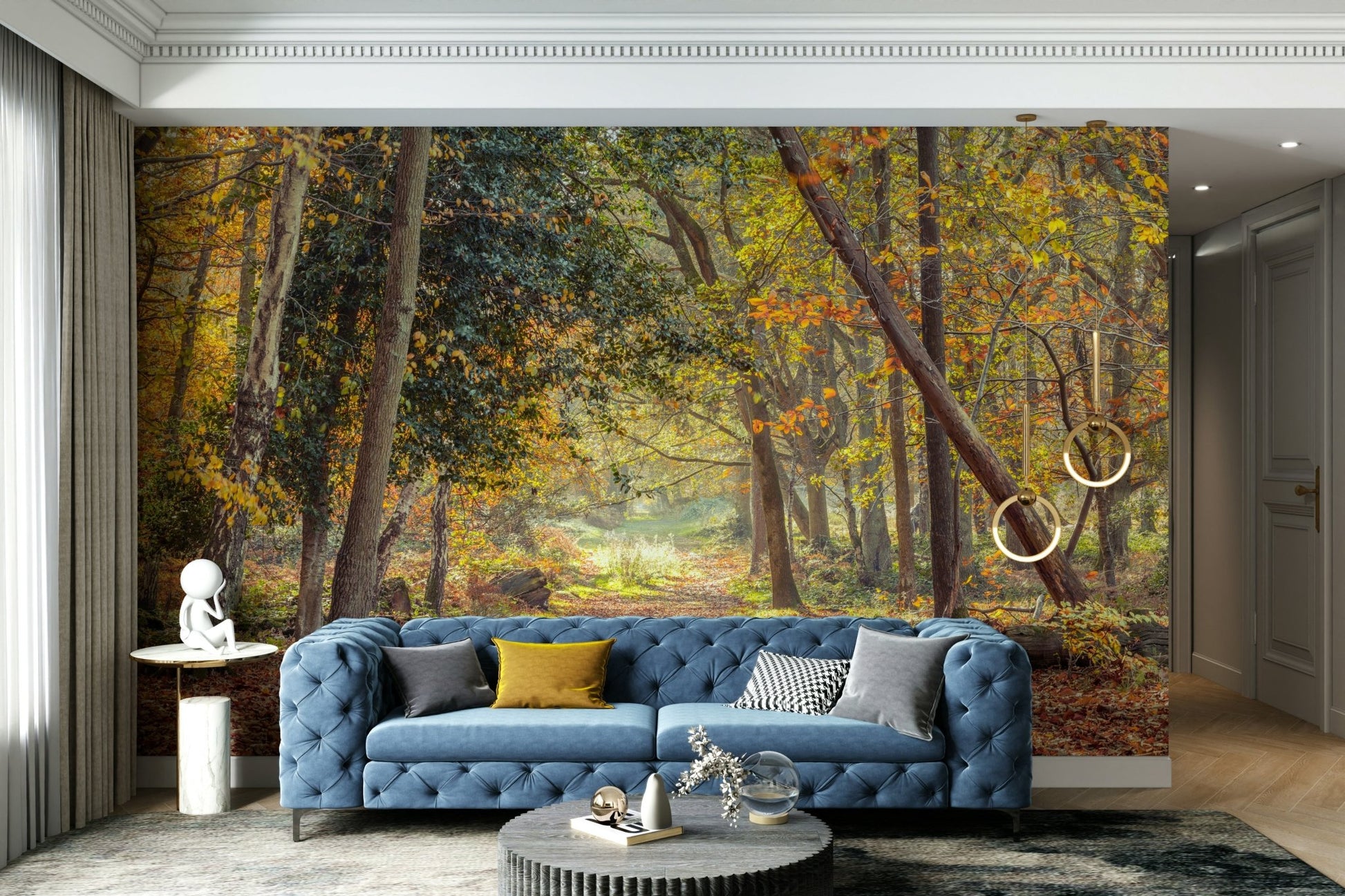 Autumn trail mural with golden leaves for a serene room feel

