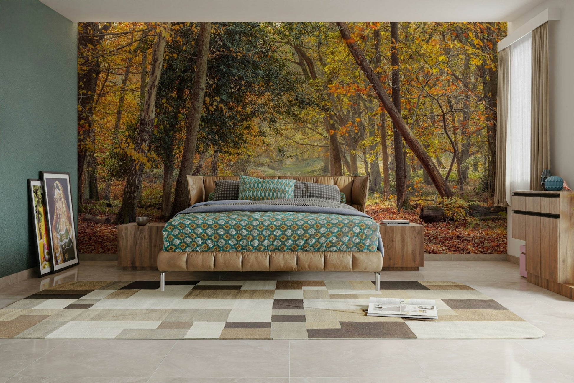 Tranquil woodland path captured in autumn wall mural

