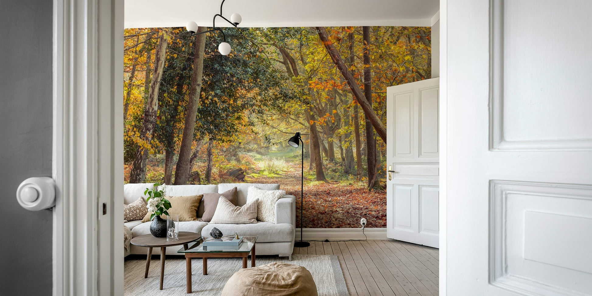 Peaceful autumn forest mural for a warm, cozy atmosphere

