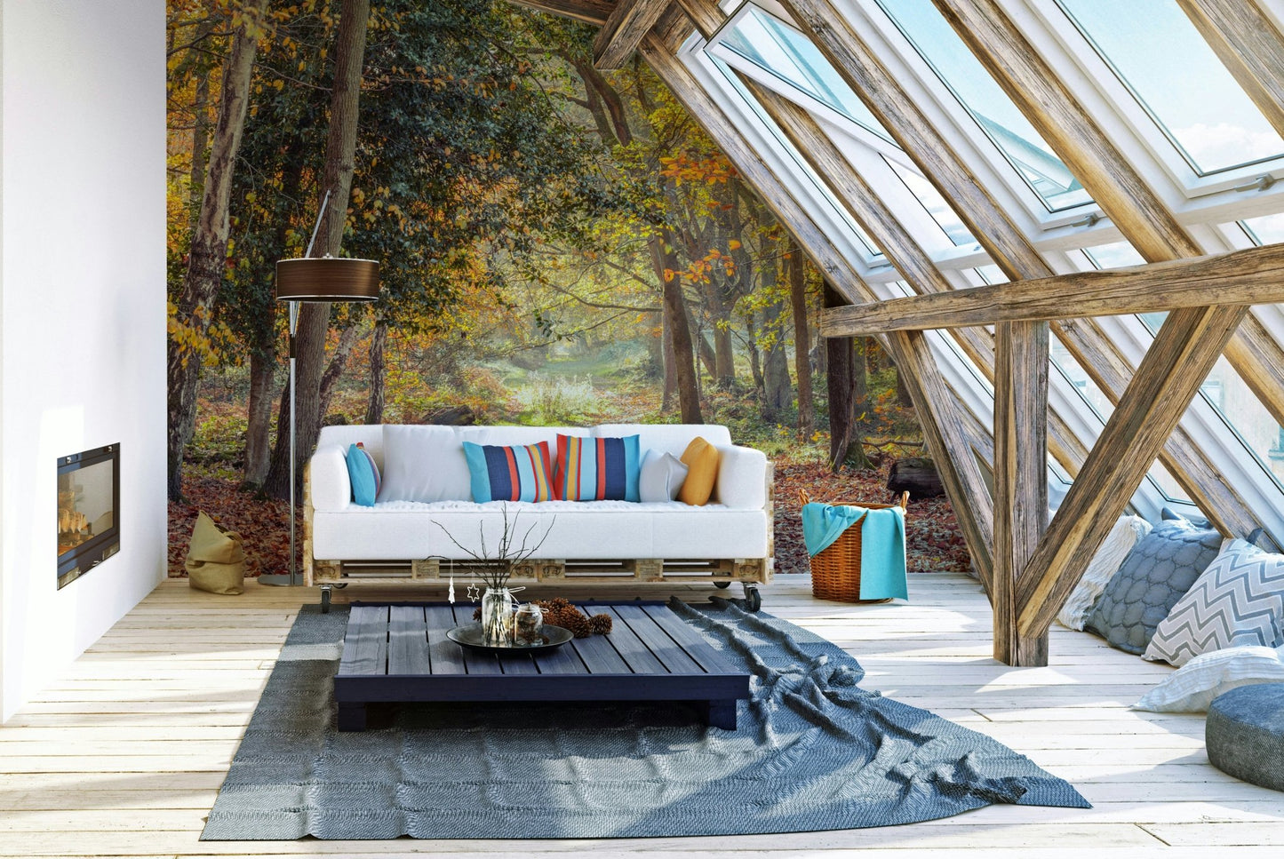 Fall forest mural with colorful leaves and soft sunlight

