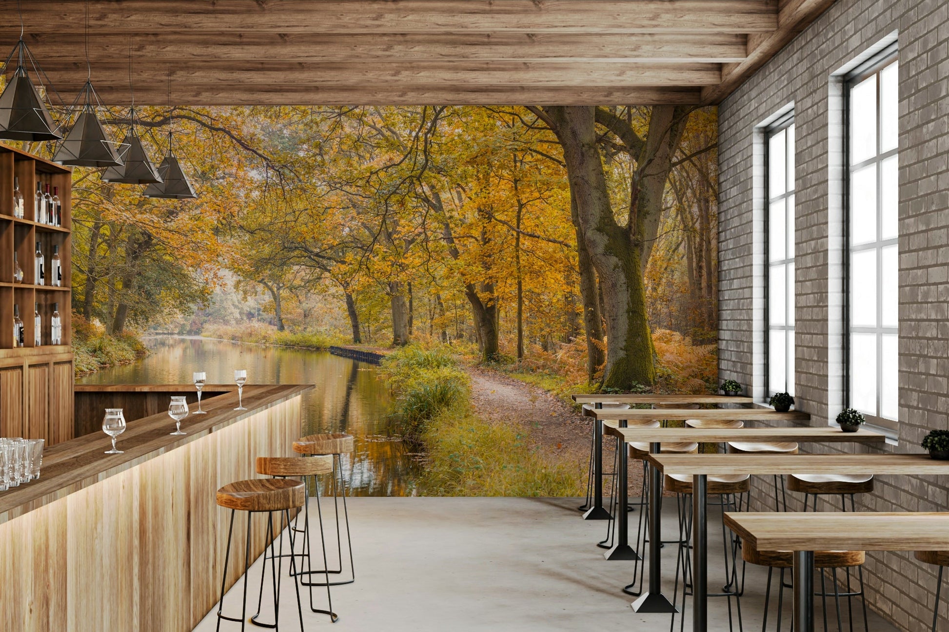 A wall mural featuring a peaceful, natural forest scene.

