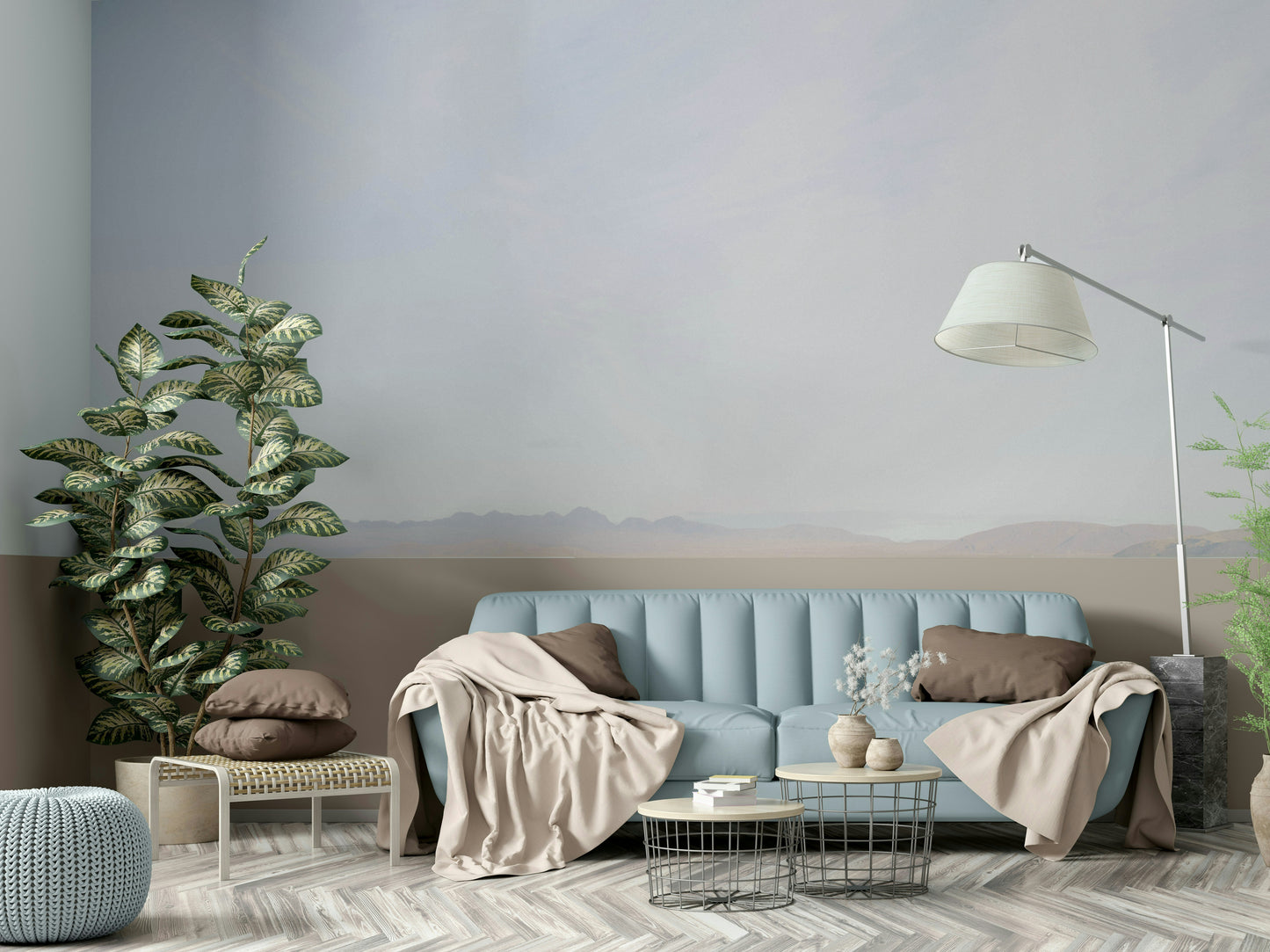 Peaceful Lake View wallpaper in a nursery with light wood furniture and cool accents.