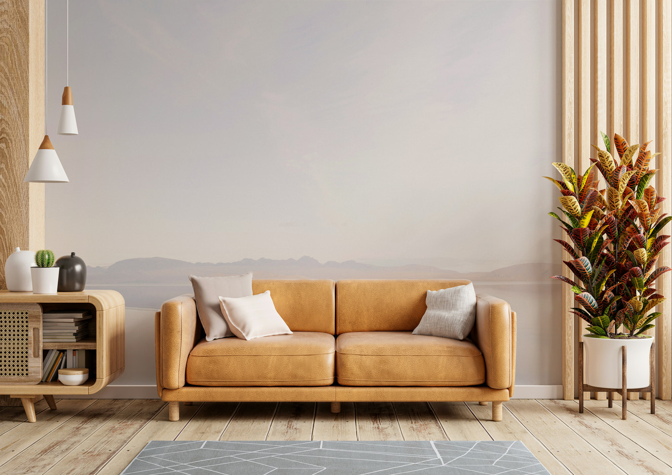 Durable landscape wallpaper for a sunlit dining room with minimalist decor.