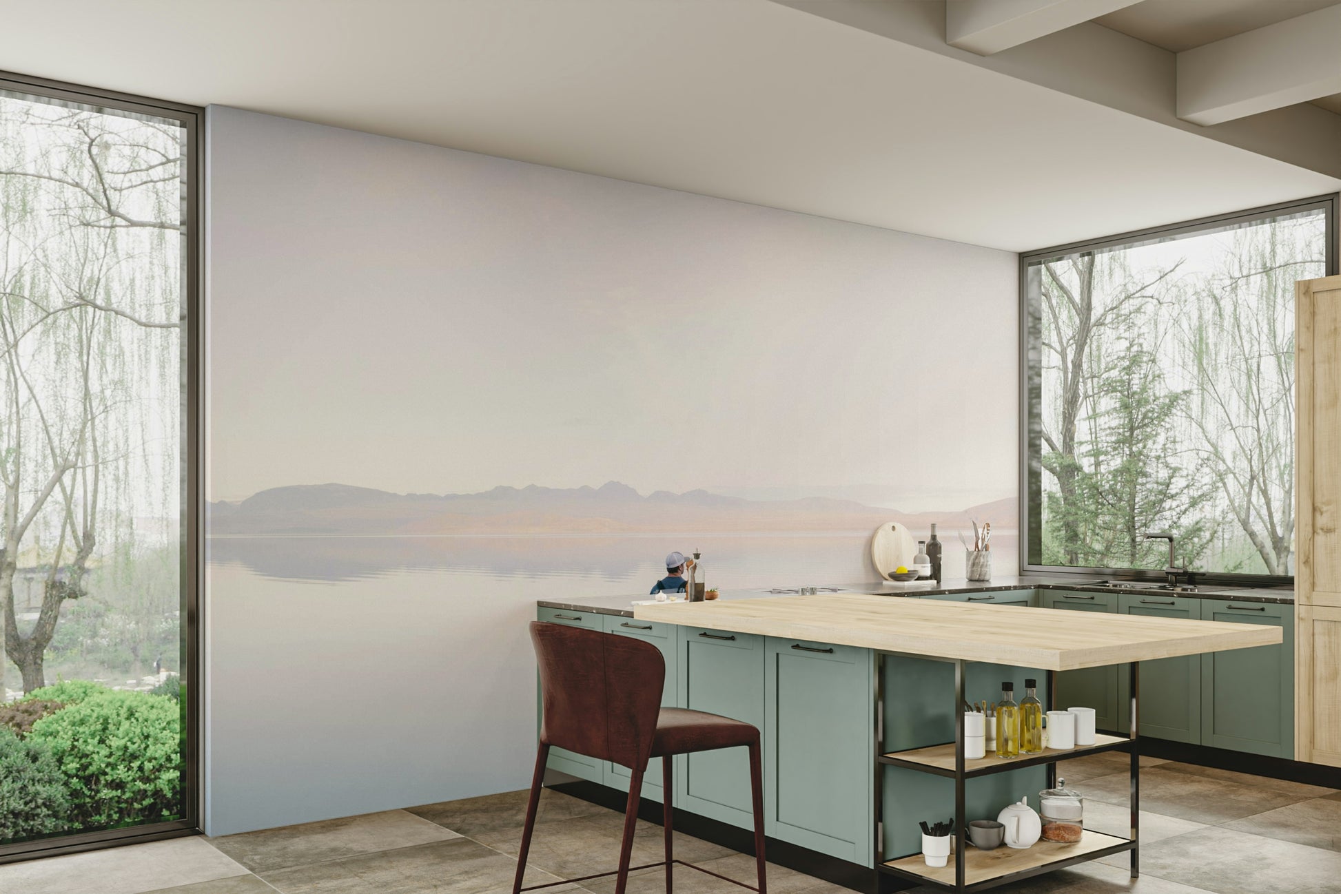 Nature inspired wall mural for a professional office suite with a blue water theme.