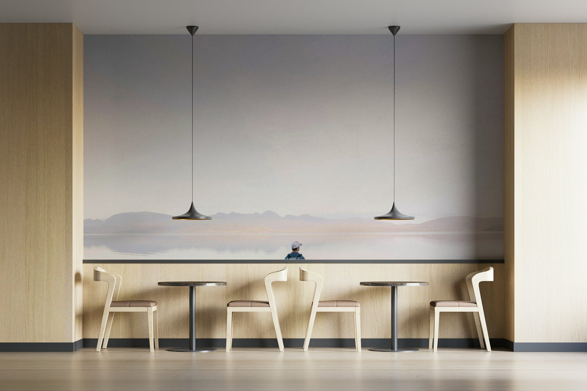 High definition wall covering for a home styling project featuring misty mountain peaks.