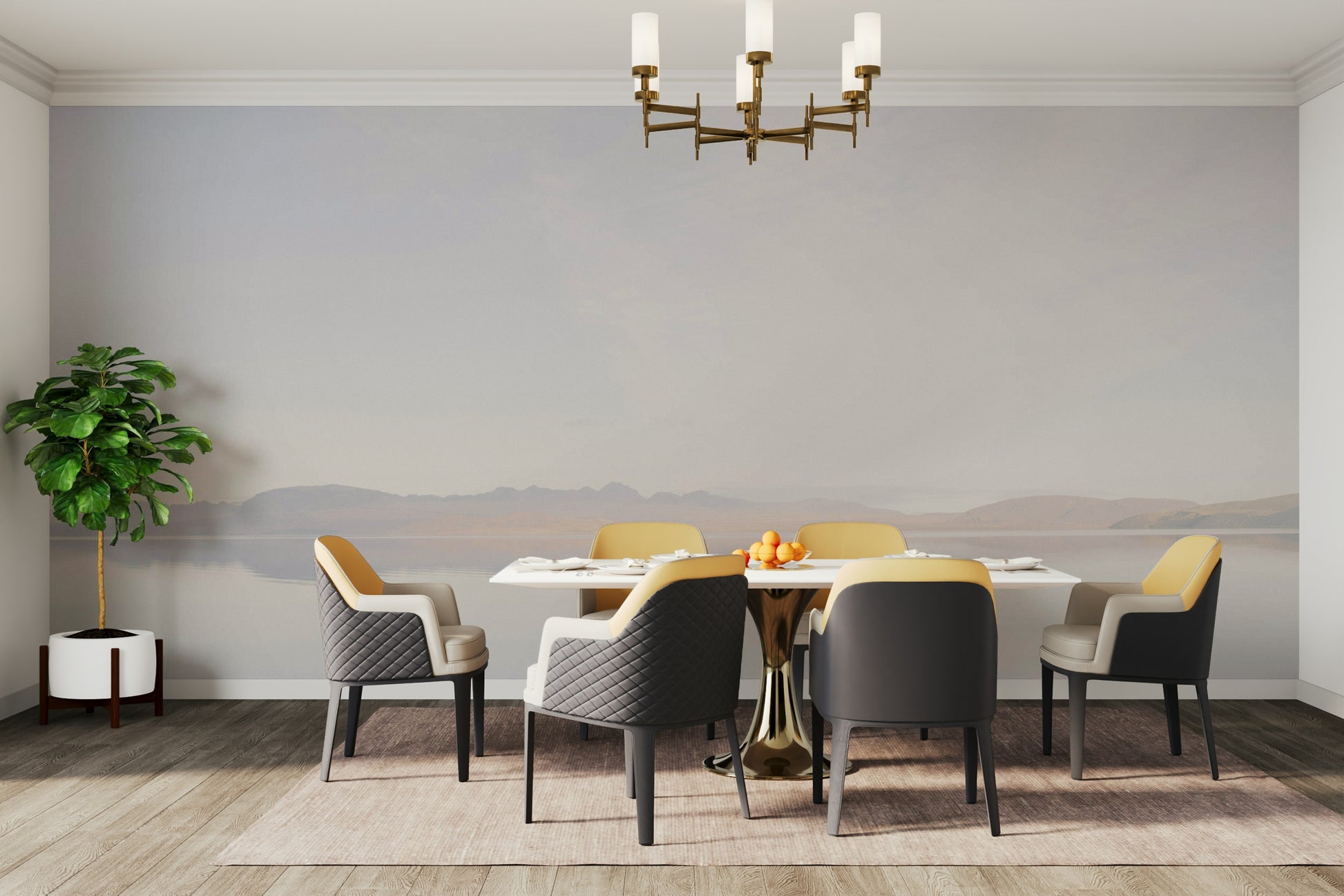 Serene lake landscape wallpaper for a modern bedroom feature wall with natural light.