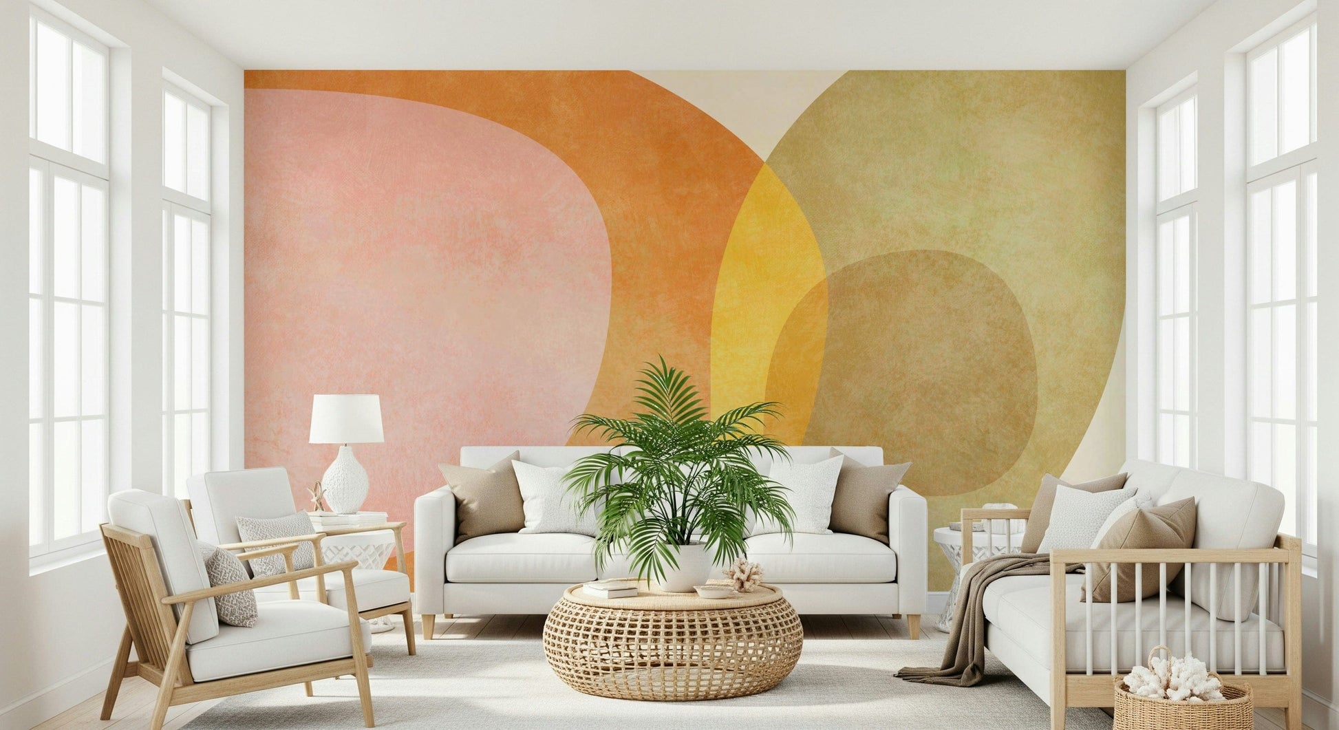 A contemplative fluid design wallpaper mural for a feature wall.