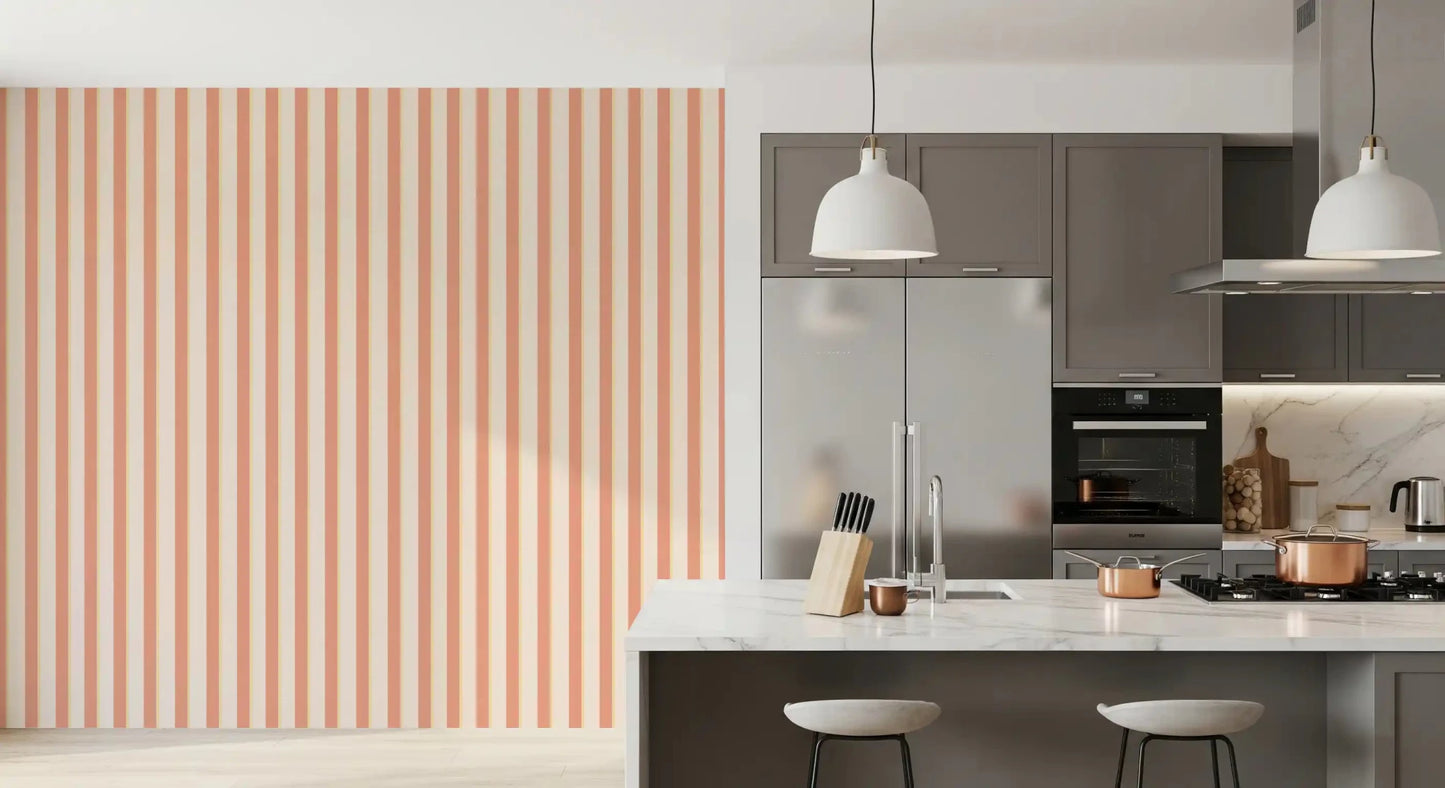 Soft peach Peach & Cream Stripes Wallpaper for stylish kitchen.