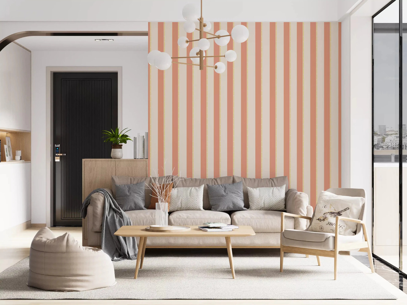 White dashed line details on Peach & Cream Stripes Wallpaper.