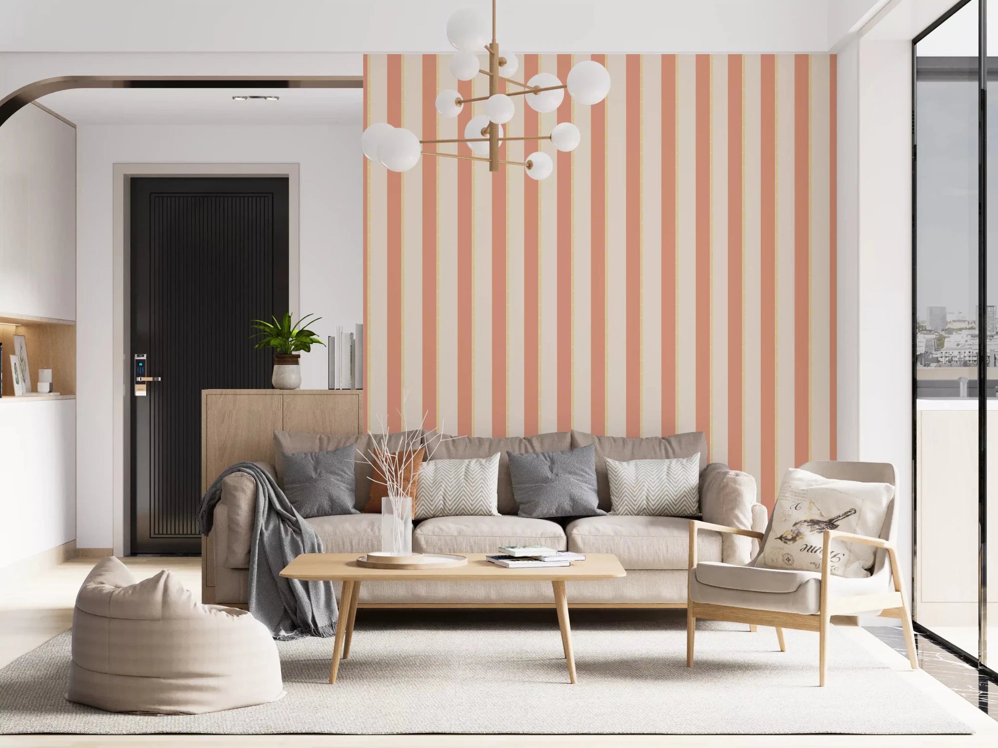 White dashed line details on Peach & Cream Stripes Wallpaper.